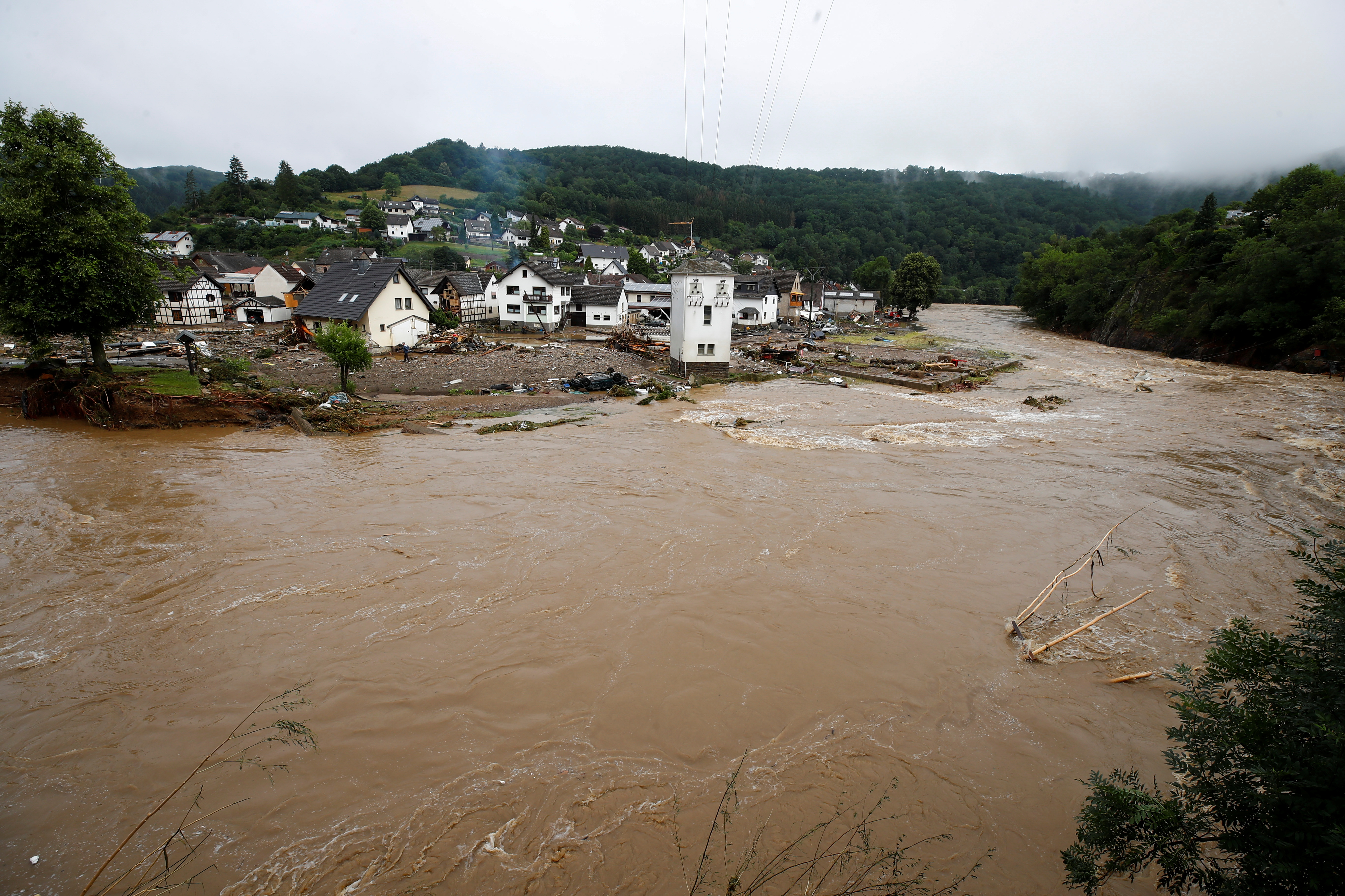 A general view of the Ahr river and flood-affected area in Schuld