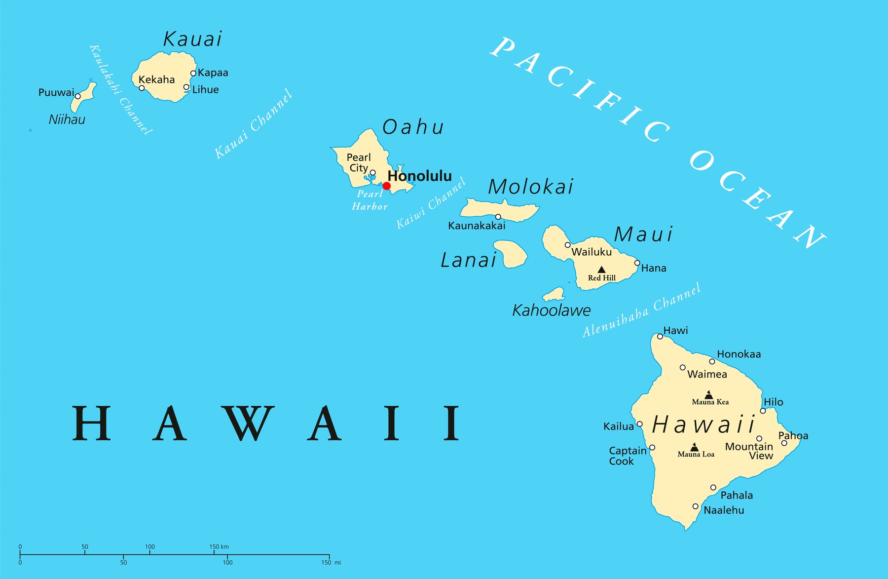 Political map of Hawaii Islands with the capital Honolulu
