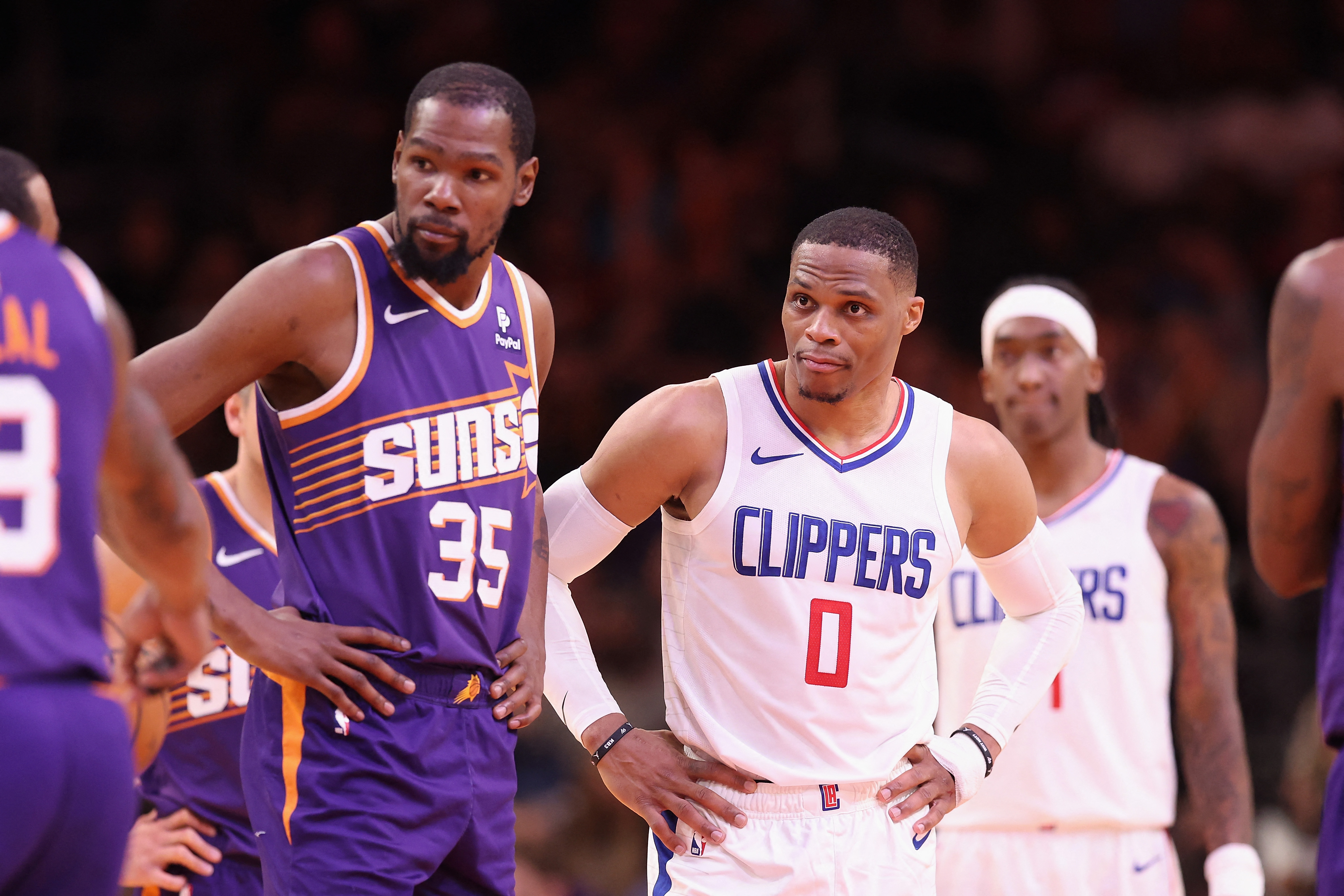 PHOENIX, ARIZONA - APRIL 09: Russell Westbrook #0 of the LA Clippers and Kevin Durant