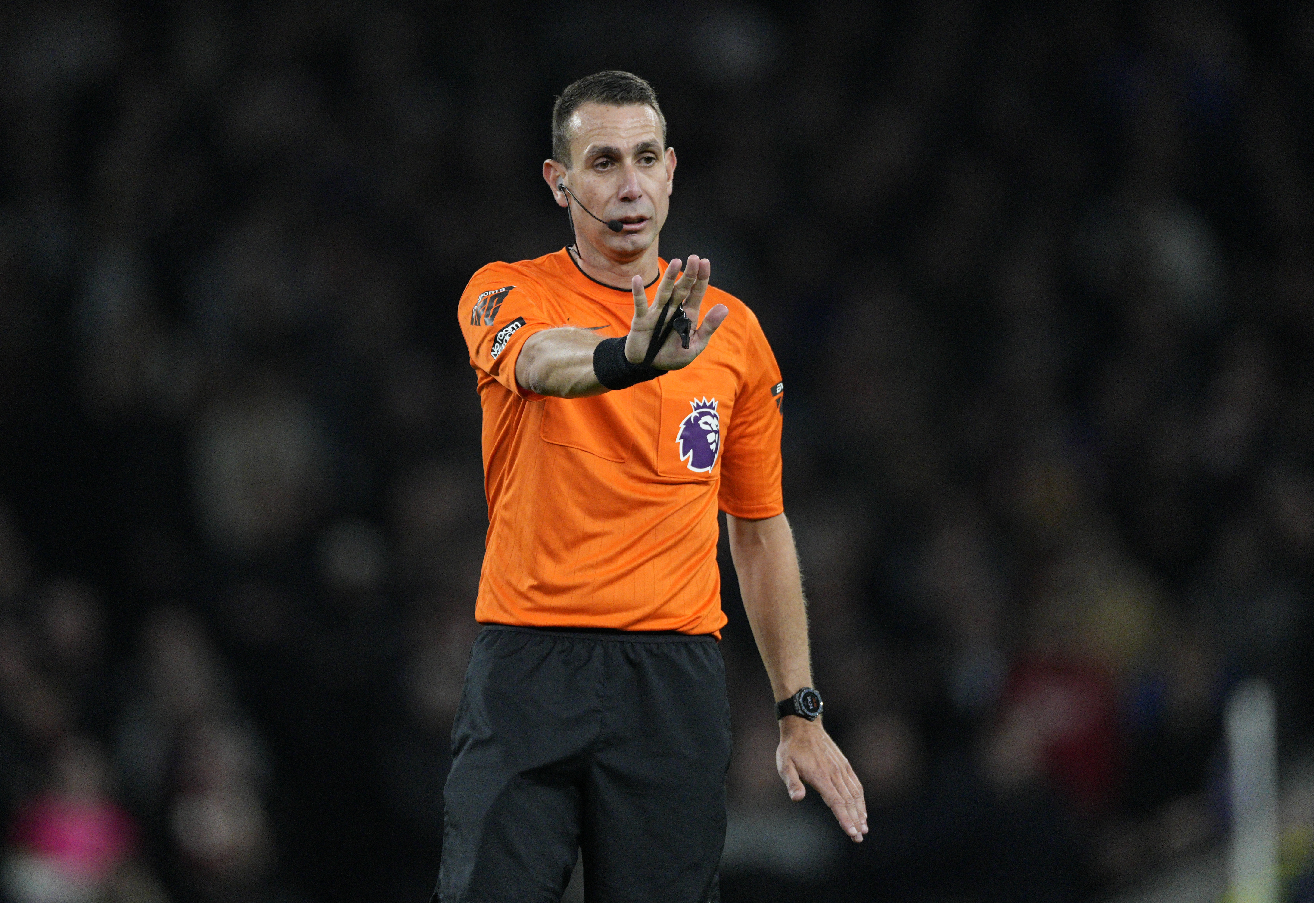 FILE - Referee David Coote reacts during the English Premier League soccer match between Tottenham Hotspur and Brighton and Brentford, at White Hart Lane Stadium in London, England, Wednesday, Jan. 31, 2024. (AP Photo/Dave Shopland, File)