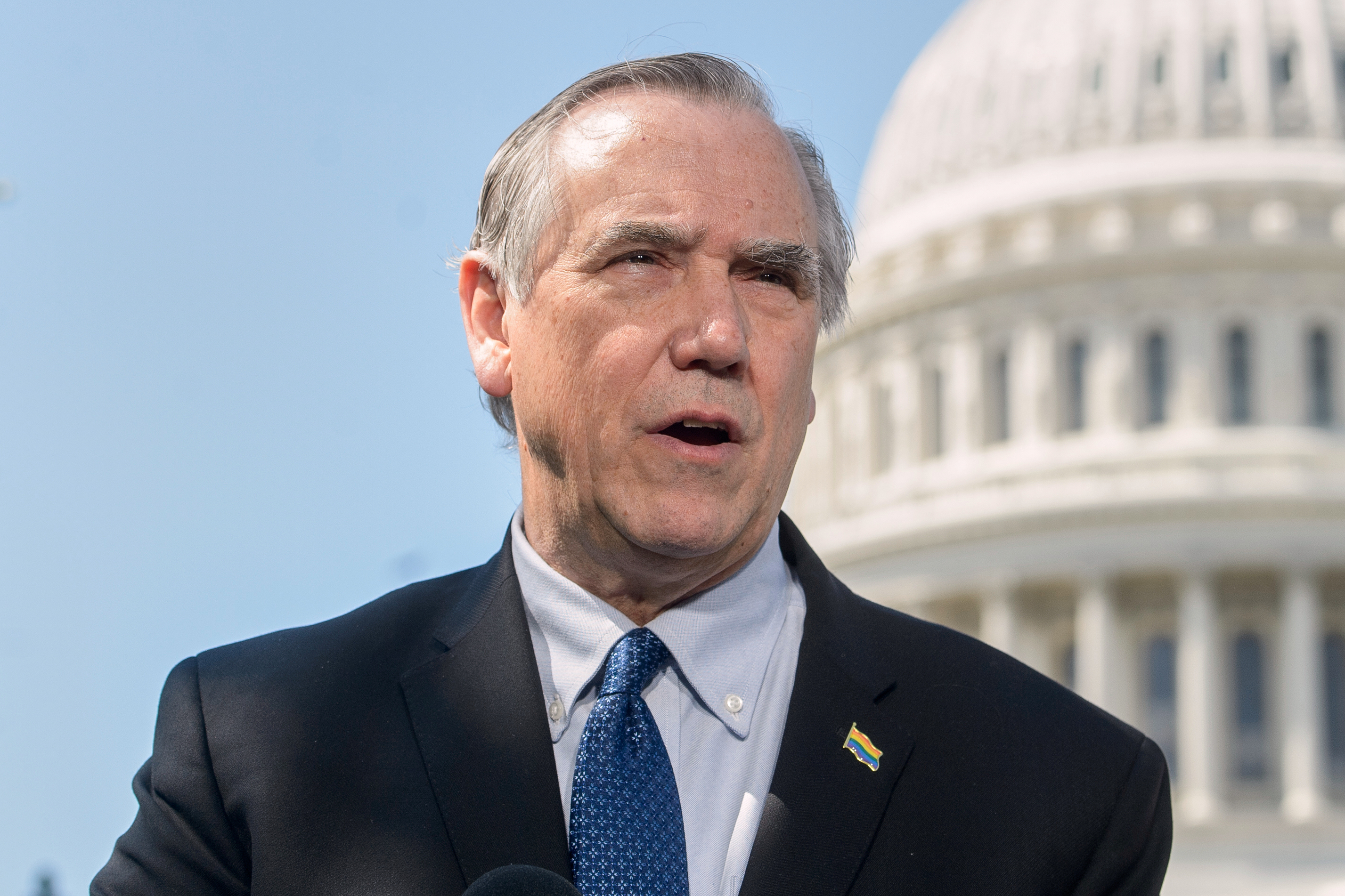 FILE - Sen. Jeff Merkley, D-Ore., speaks during a news conference on the Equality Act at the Capitol, April 29, 2025, in Washington. (AP Photo/Rod Lamkey, Jr., File)
