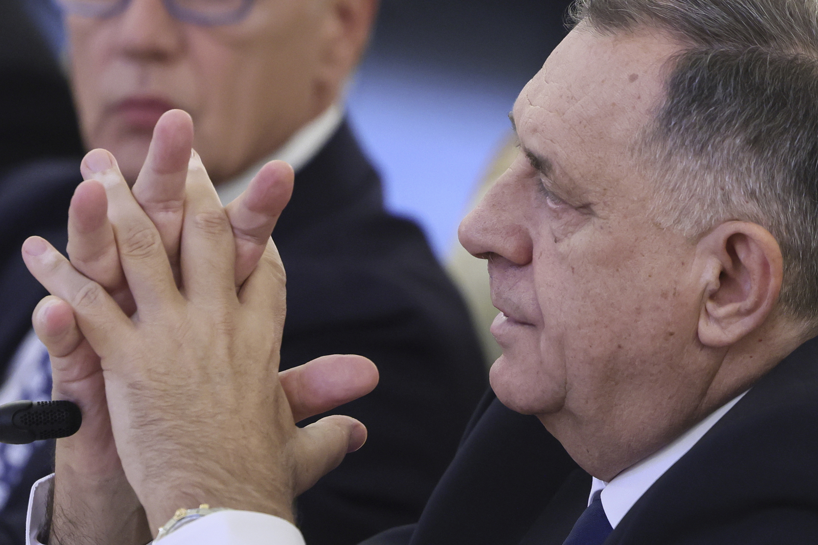 Bosnian Serb leader Milorad Dodik gestures while speaking with Russian Foreign Minister Sergey Lavrov at Zinaida Morozova's Mansion in Moscow, Russia, Tuesday, Sept. 9, 2025. (Sergei Ilnitsky/Pool Photo via AP)