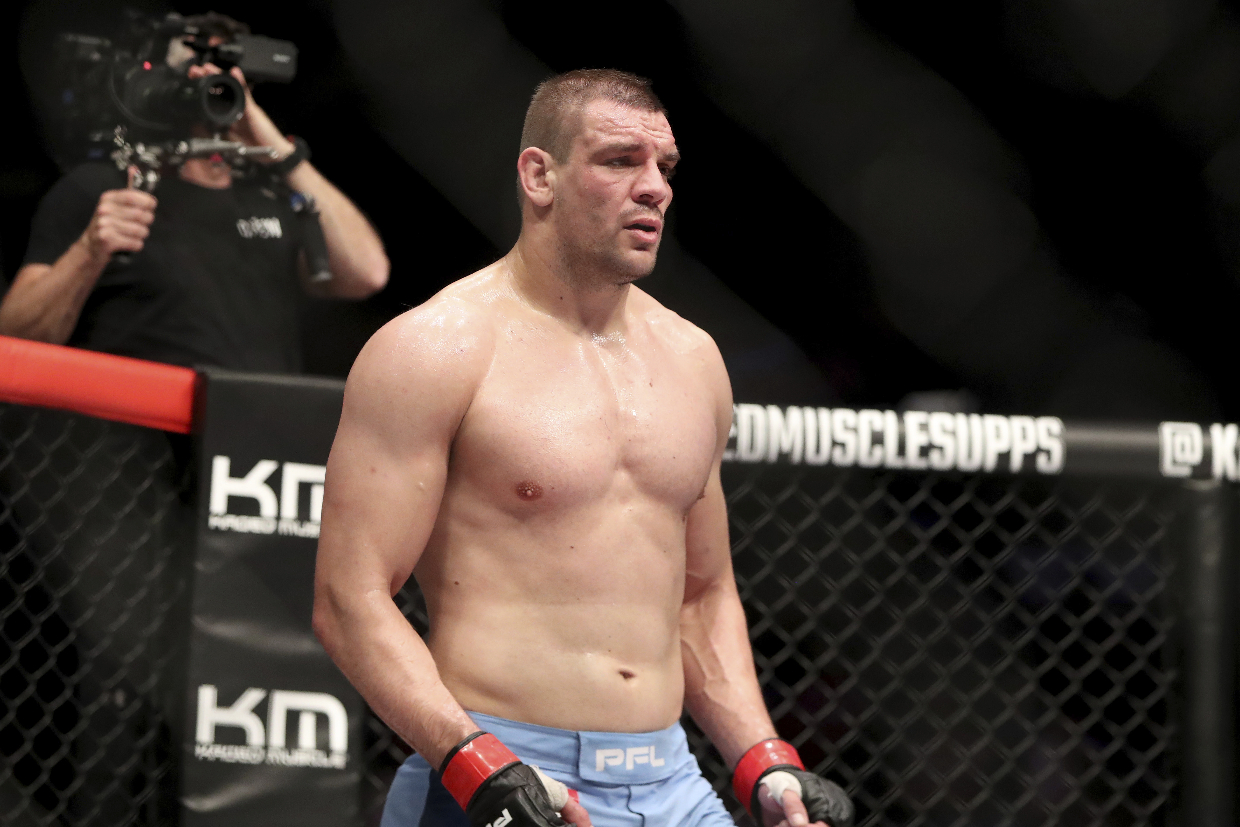 Ante Delija in action against Carl Seumanutaf, during their regular season mixed martial arts bout at PFL 3, Thursday, June 6, 2019, at the Nassau Coliseum (NYCB Live) in Uniondale, NY. Delija won via decision. (AP Photo/Gregory Payan)