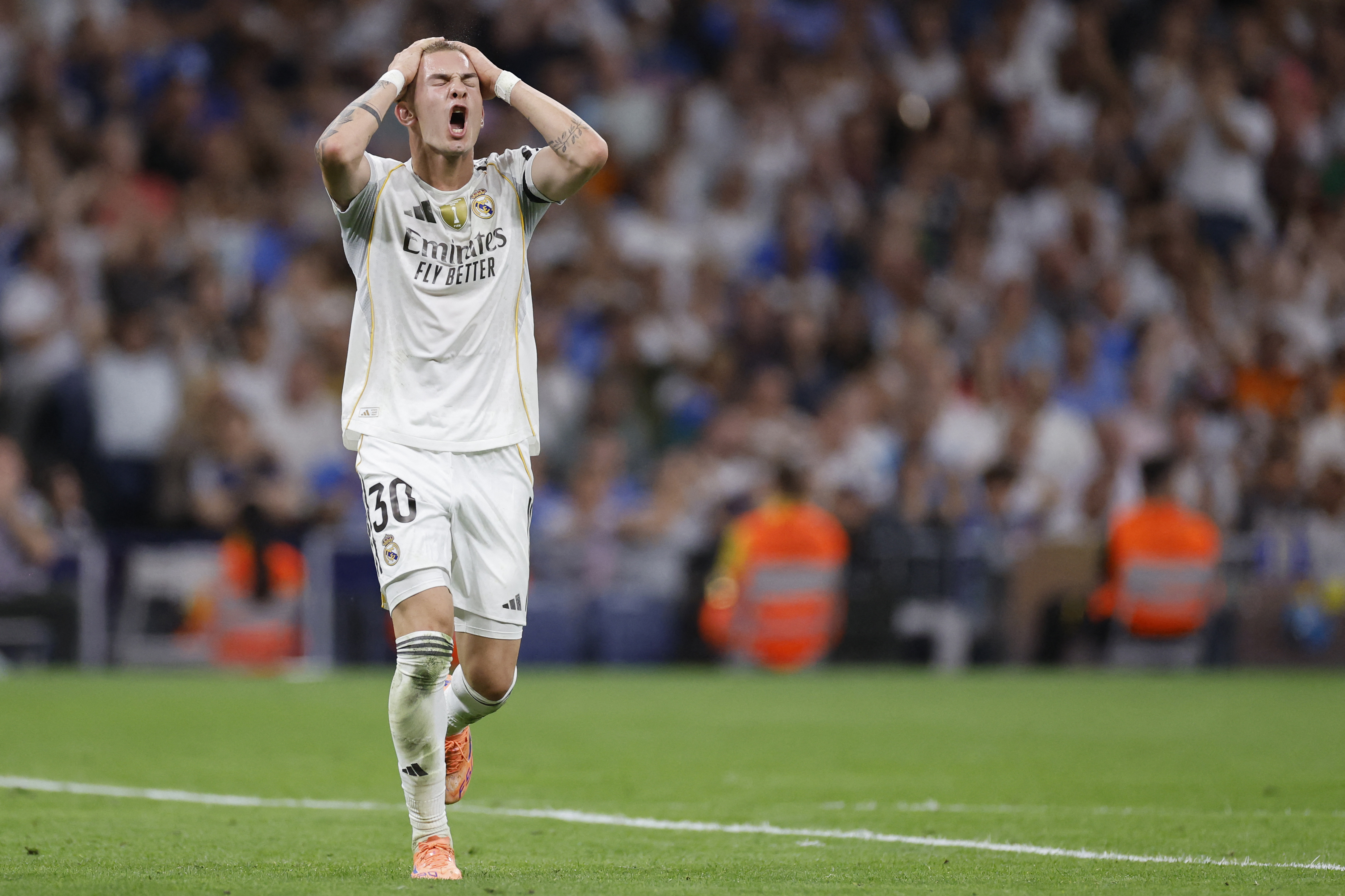 Real Madrid's Argentinian midfielder #30 Franco Mastuantono reacts during the Spanish league football match between Real Madrid CF and Villarreal CF at the Santiago Bernabeu stadium in Madrid on October 4, 2025. (Photo by Oscar DEL POZO / AFP)