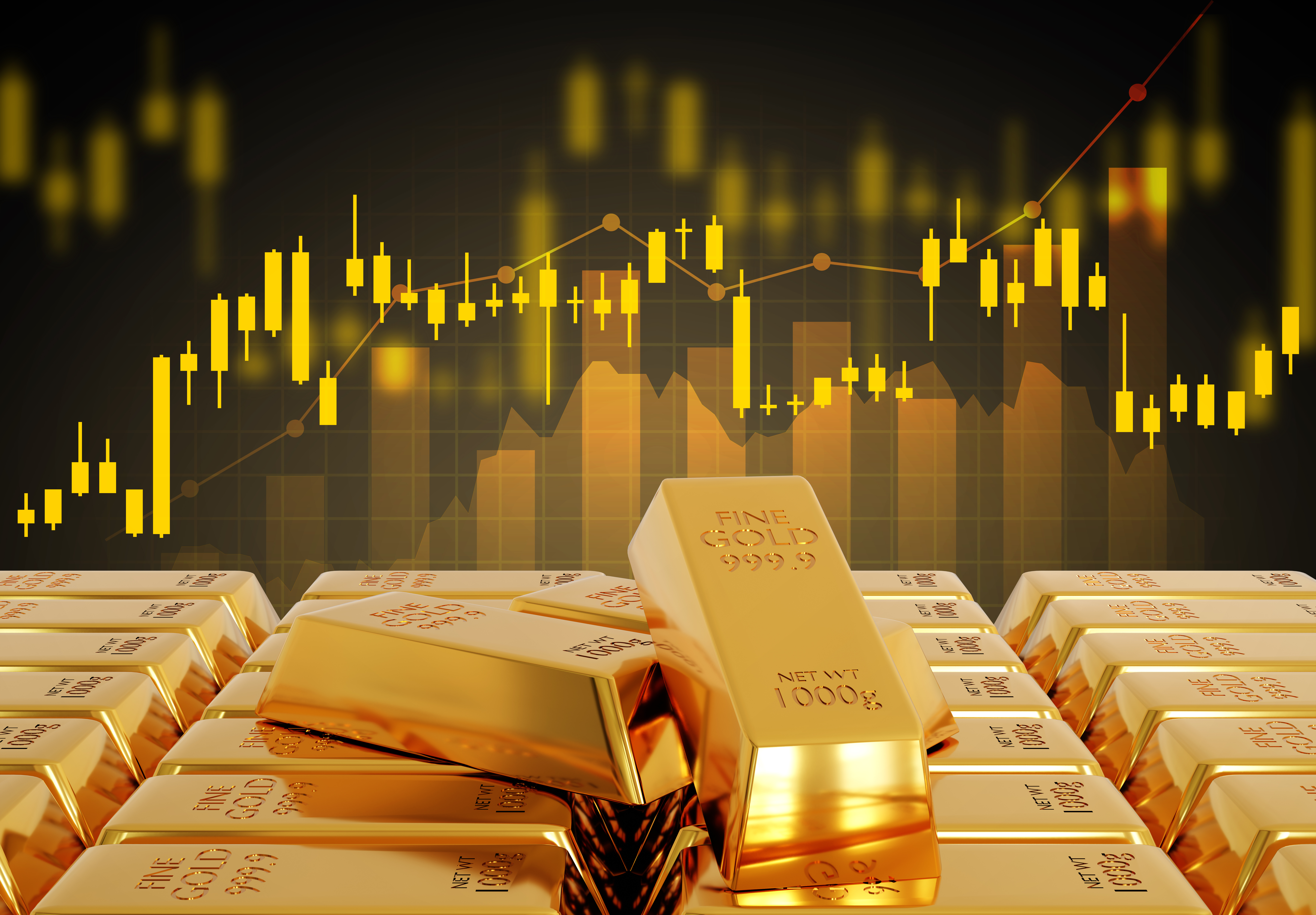 Gold trading, gold bars with stock graph chart stock. Business and finance concept. 3d-rendering