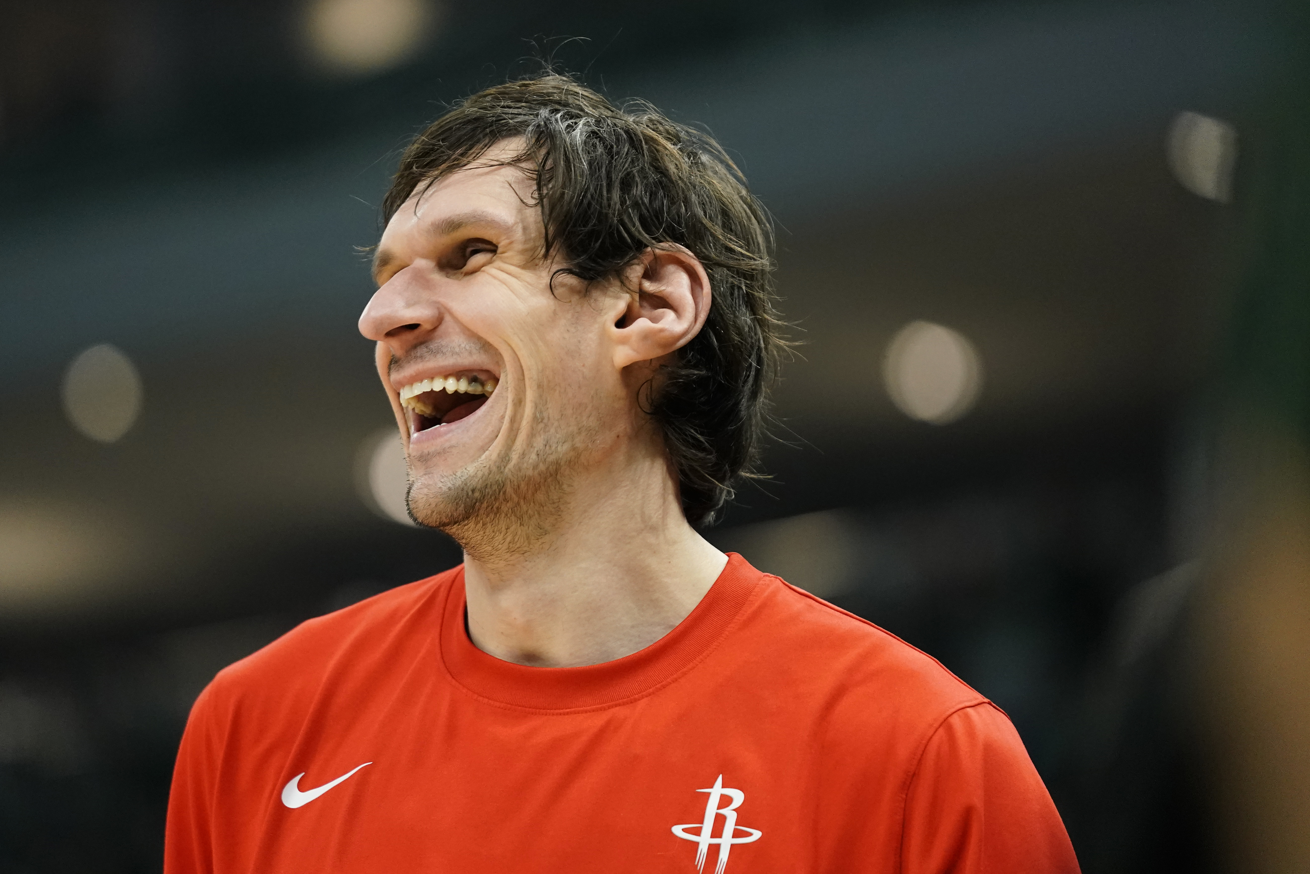 Houston Rockets' Boban Marjanovic warms up before an NBA basketball game against the Milwaukee Bucks Sunday, Dec. 17, 2023, in Milwaukee. (AP Photo/Aaron Gash)