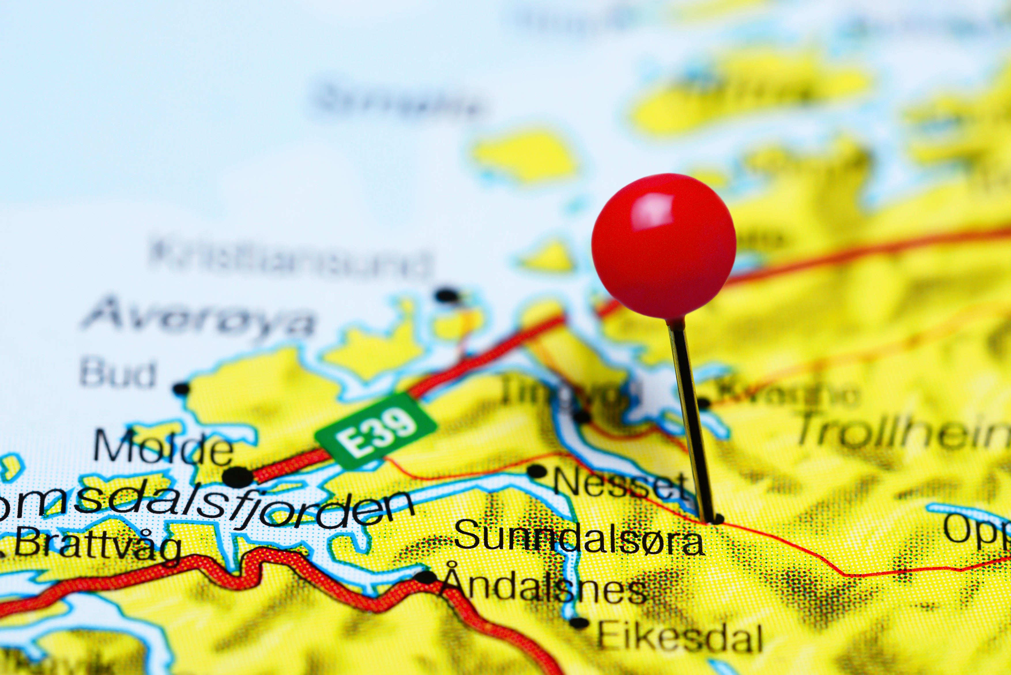 Photo of pinned Sunndalsora on a map of Norway. May be used as illustration for traveling theme.,Image: 316128730, License: Royalty-free, Restrictions: , Model Release: no, Credit line: Dmitry Kaminsky / Alamy / Profimedia