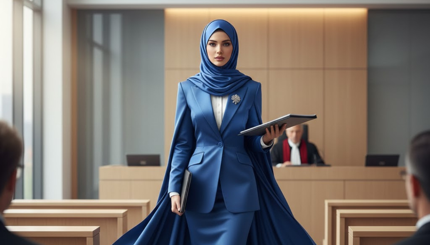 žena pokrivena hidžabom u sudnici