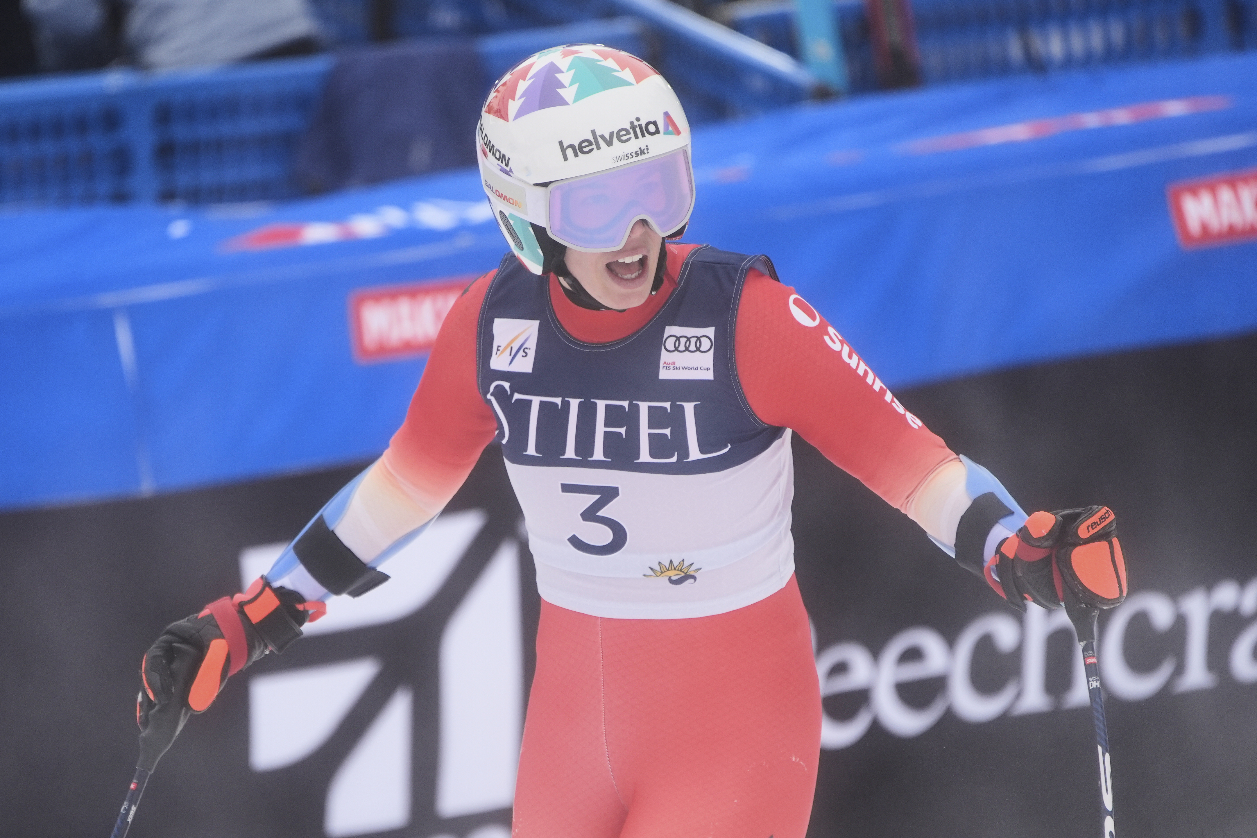 Switzerland's Michelle Gisin reacts after her run during a women's super-G run at the World Cup Finals, Sunday, March 23, 2025, in Sun Valley, Idaho. (AP Photo/John Locher)