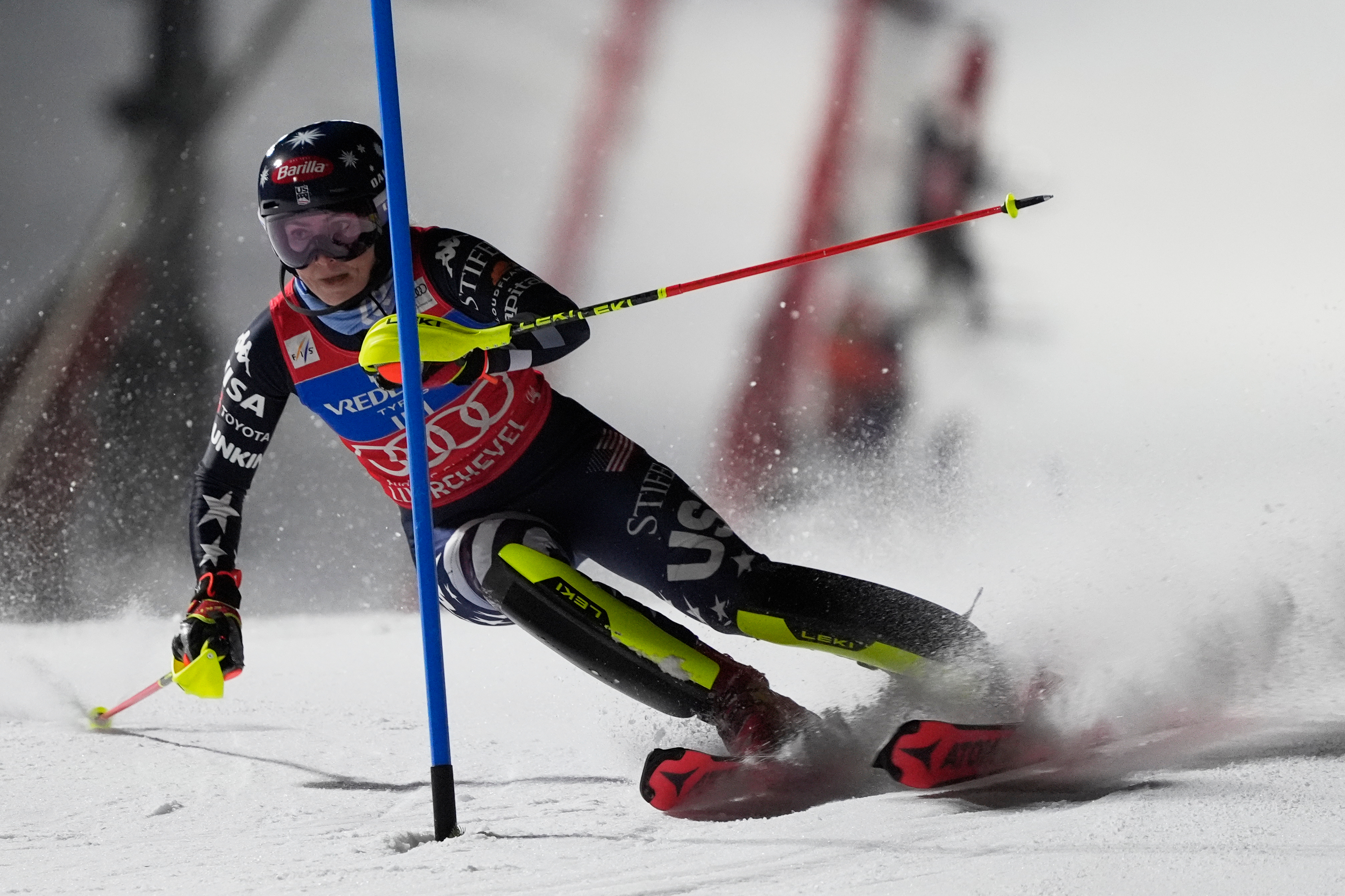 United States' Mikaela Shiffrin competes in an alpine ski, women's World Cup slalom, in Courchevel, France, Tuesday, Dec. 16, 2025. (AP Photo/Giovanni Auletta)