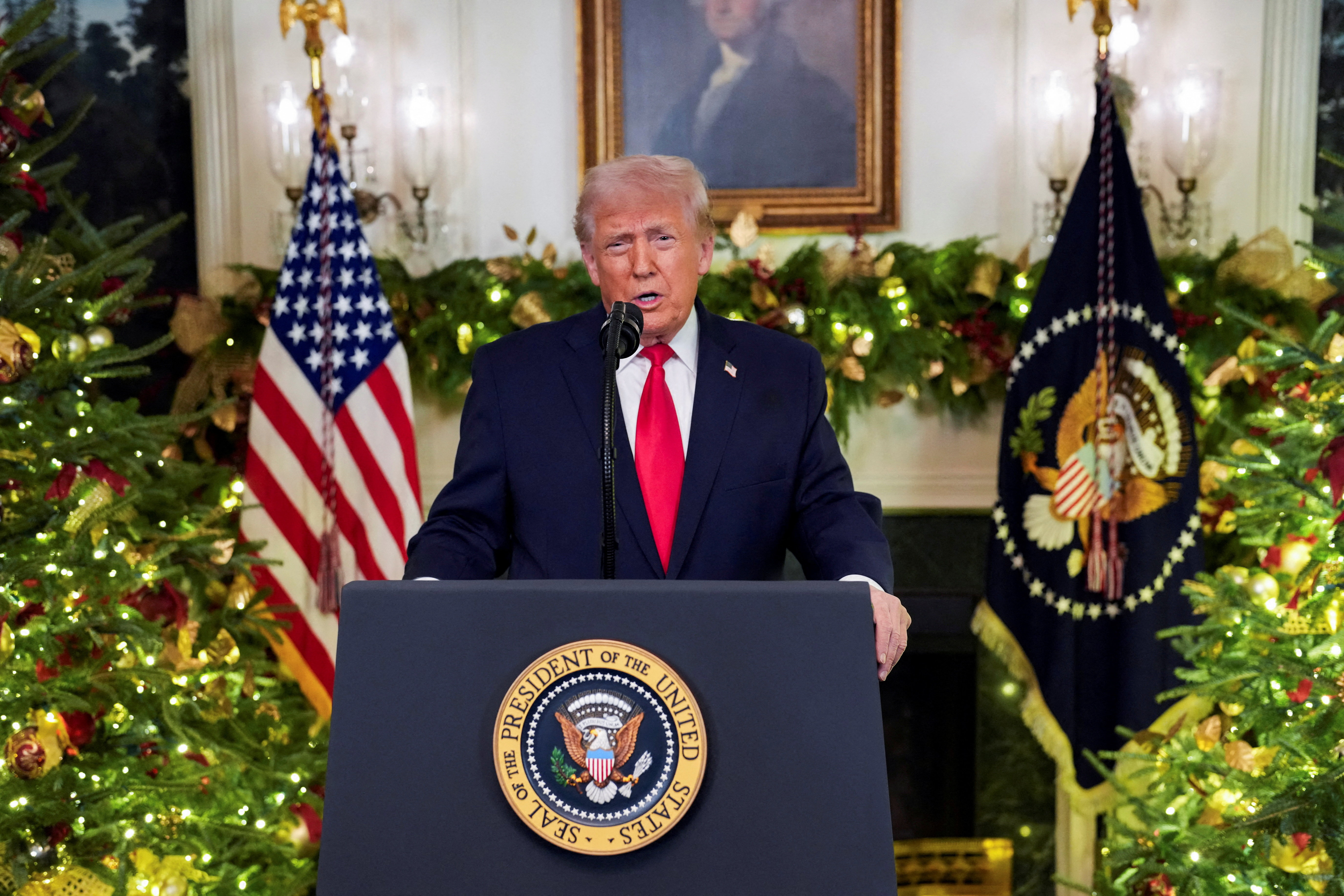 President Donald Trump delivers an address to the nation from the Diplomatic Reception Room of the White House, in Washington, D.C., U.S. Wednesday, Dec. 17, 2025. Doug Mills/Pool via REUTERS REFILE - QUALITY REPEAT