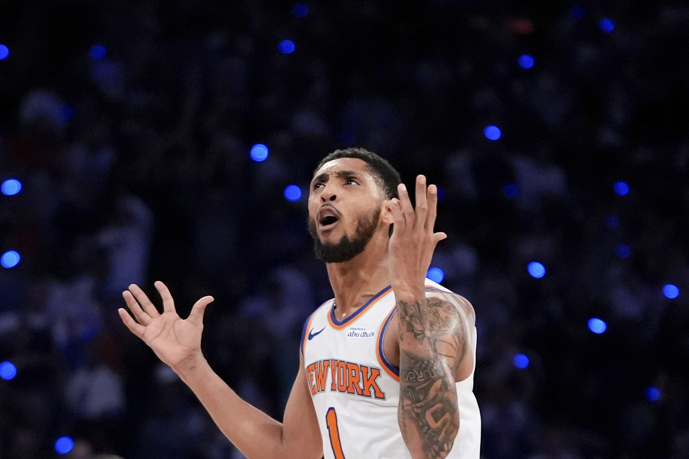 New York Knicks guard Cameron Payne reacts during the second half of Game 1 in an NBA basketball first-round playoff series against the Detroit Pistons, Saturday, April 19, 2025, in New York. (AP Photo/Julia Demaree Nikhinson)
