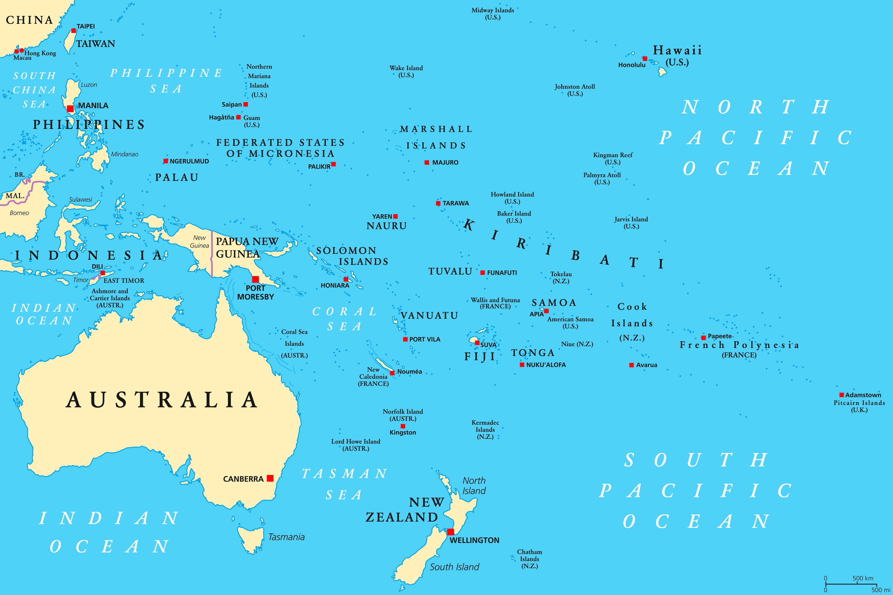 Oceania political map. Region, centered on central Pacific Ocean islands