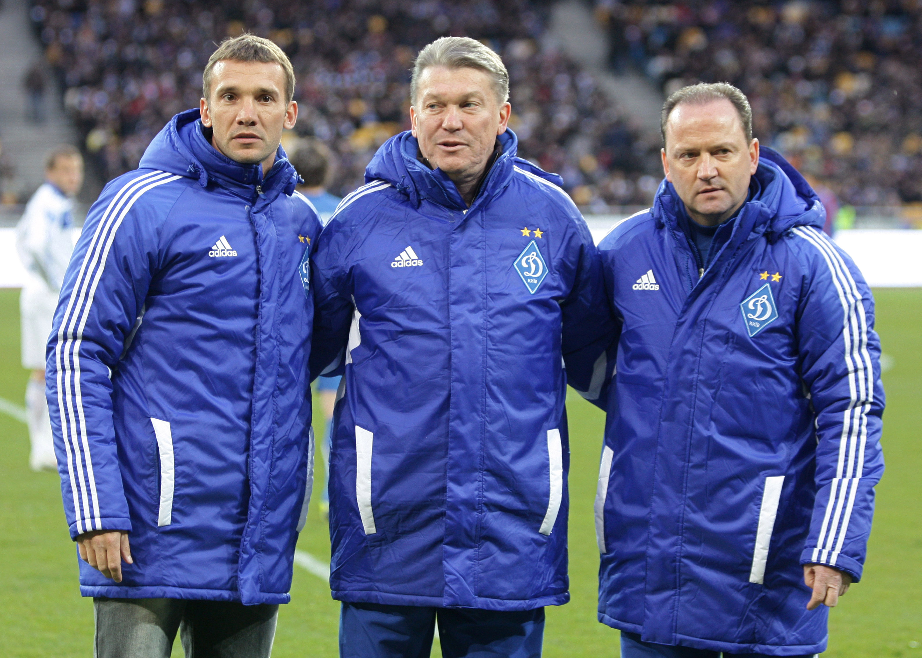Three European Soccer Ballon d'Or European footballer of the Year holders of the Year Andrey Shevchenko, left, in 2004,  Oleg Bolkhin, center, in 1975 and Igor Belanov in 1986, poses for a photo prior Ukraine Premier League soccer derby match between Kiev