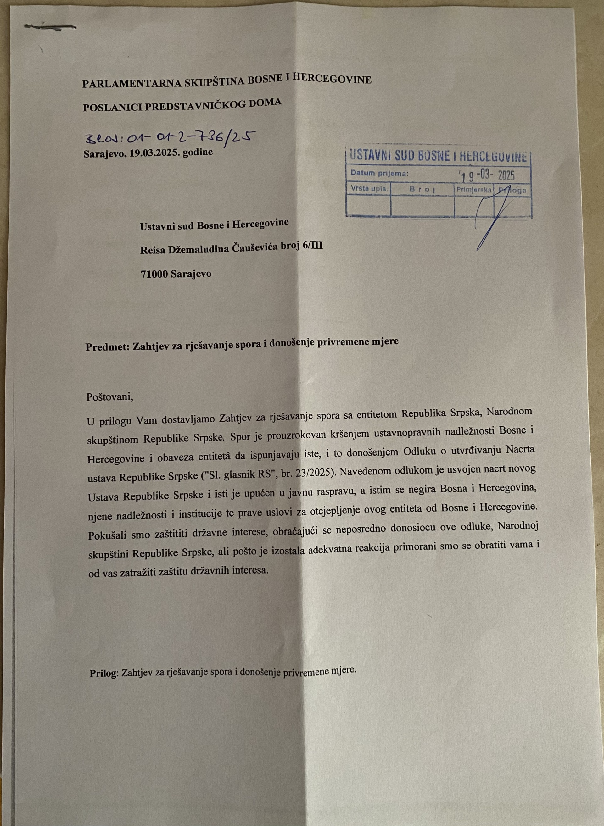 Zahtjev SDA i DF-a za rješavanje spora s entitetom Republika Srpska