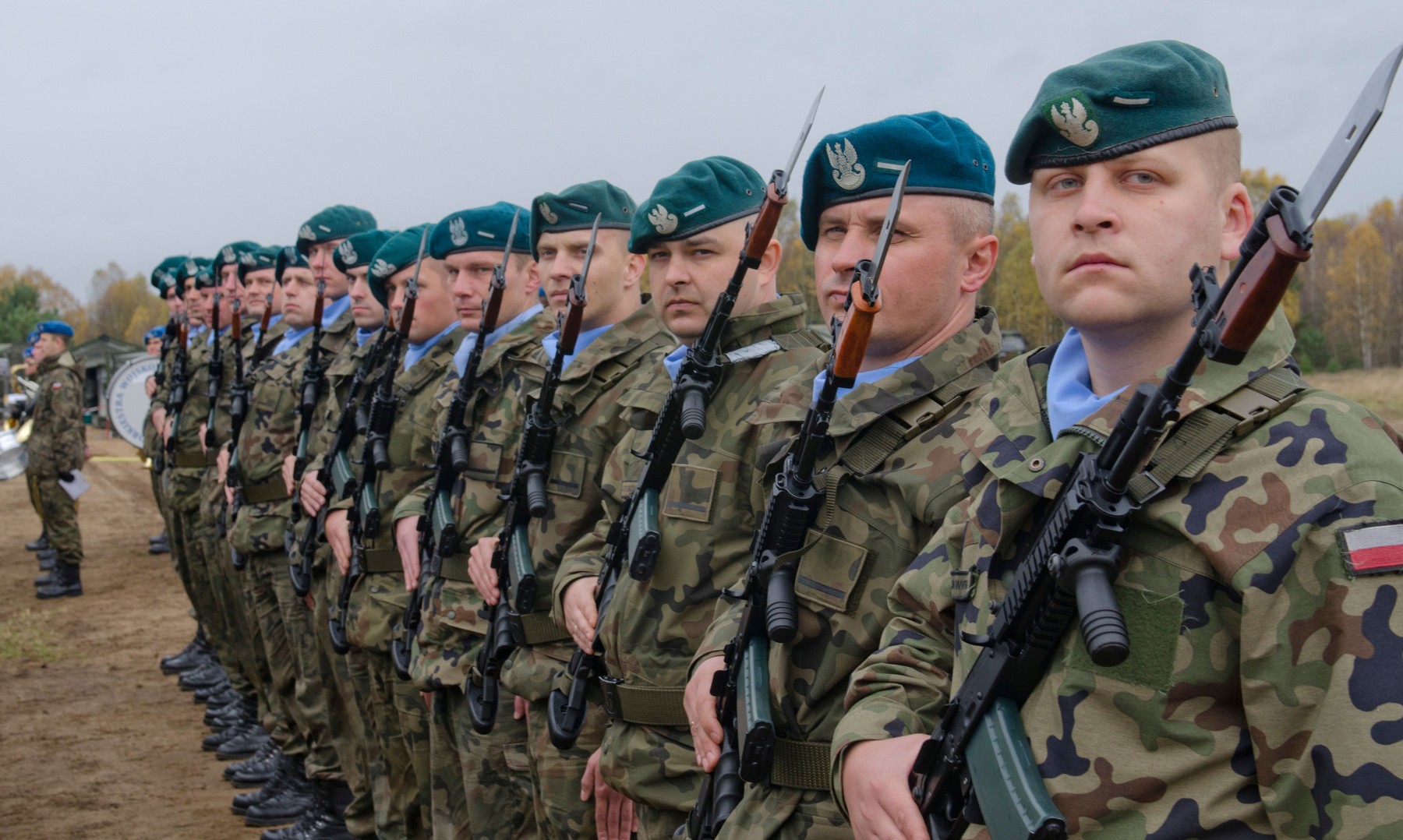 A Polish army honor guard stands in formation with partner nations at a Transfer of Authority Ceremony here Oct. 27. The U.S. Army is supporting Steadfast Jazz 13 with participation from the 173d IBCT(A), one of U.S. Army Europe's forward-based combat bri