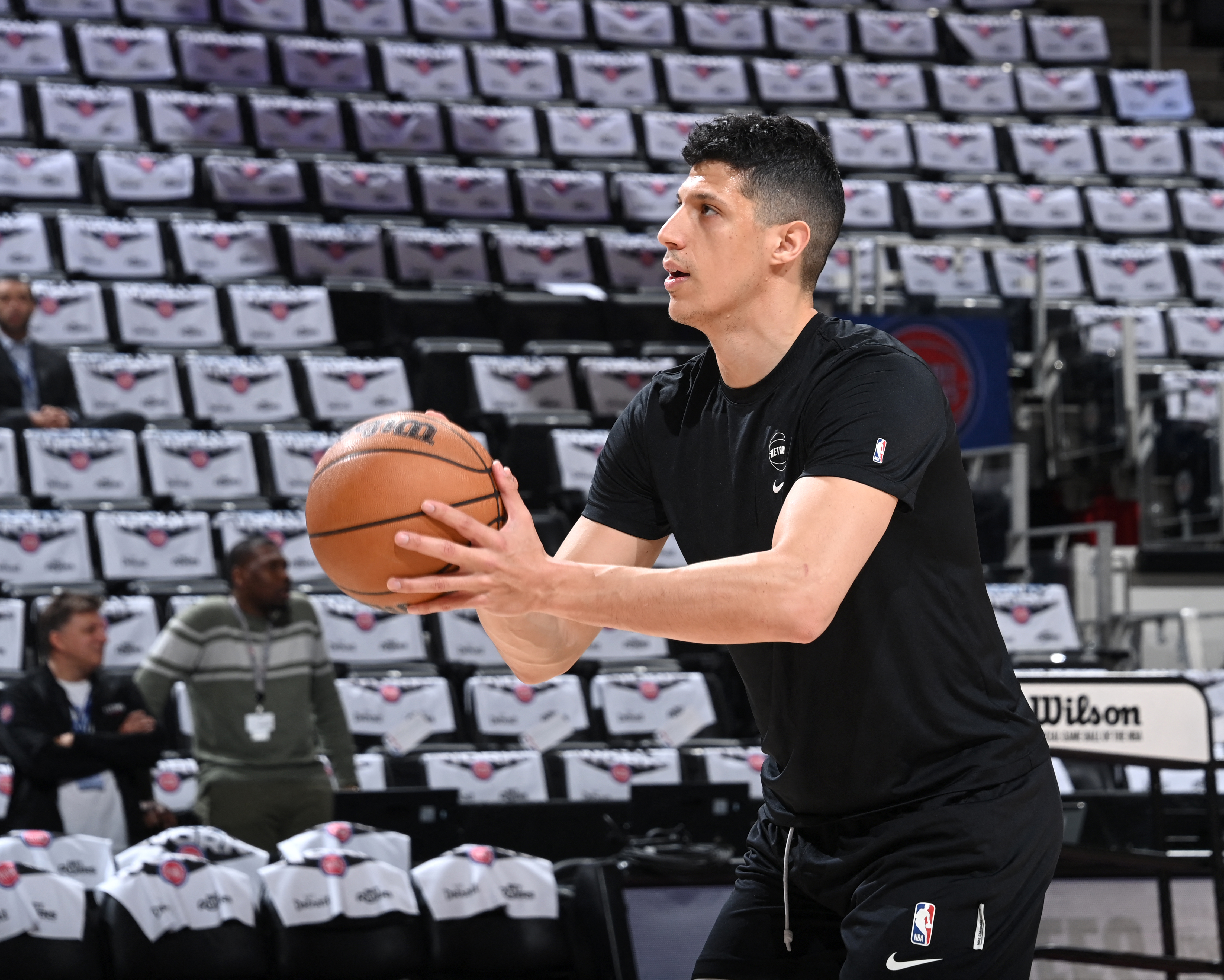 DETROIT, MI - APRIL 27: Simone Fontecchio #19 of the Detroit Pistons warms up before the game against the New York Knicks during Round 1 Game 4 of the 2025 NBA Playoffs on April 27, 2025 at Little Caesars Arena in Detroit, Michigan. NOTE TO USER: User exp
