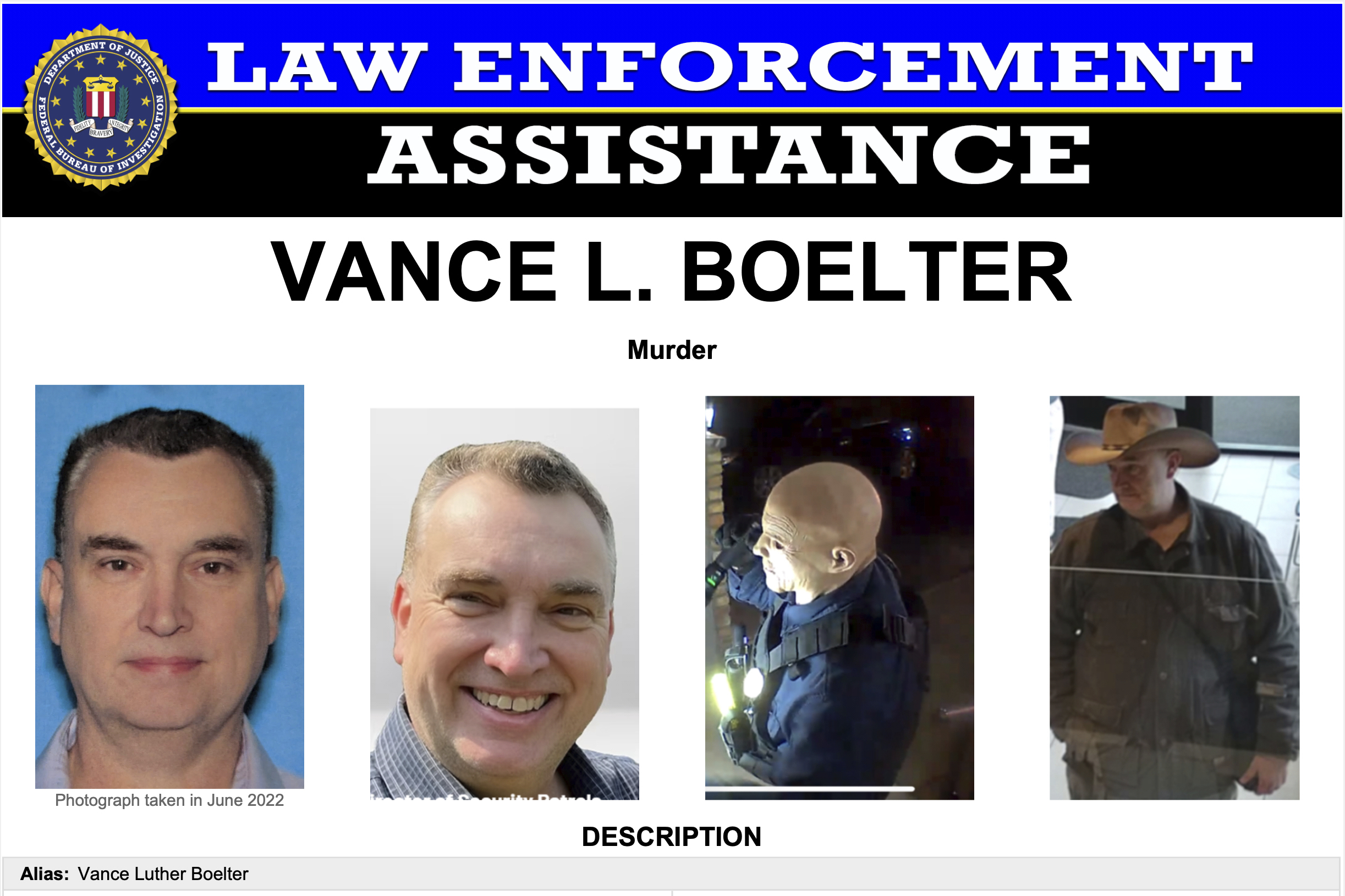 This image provided by the FBI on Saturday, June 14, 2025, shows part of a poster with photos of Vance L. Boelter.
