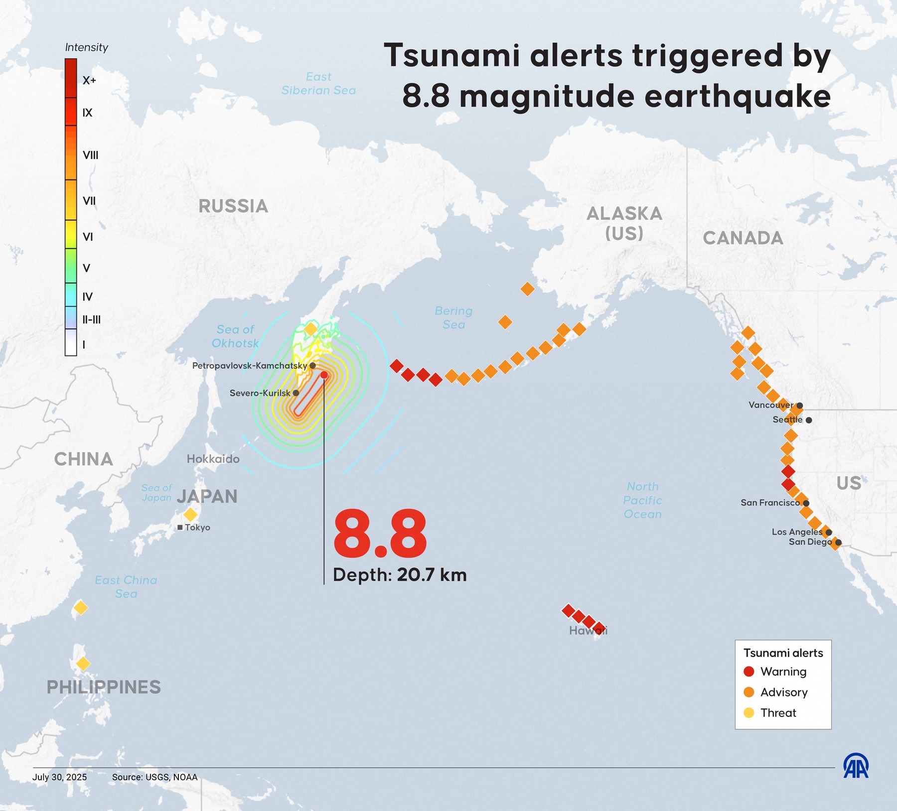 An infographic titled "Tsunami alerts triggered by 8.8 magnitude earthquake" created in Ankara, Turkiye on July 30, 2025. Mehmet Yaren Bozgun / Anadolu,Image: 1026750033,