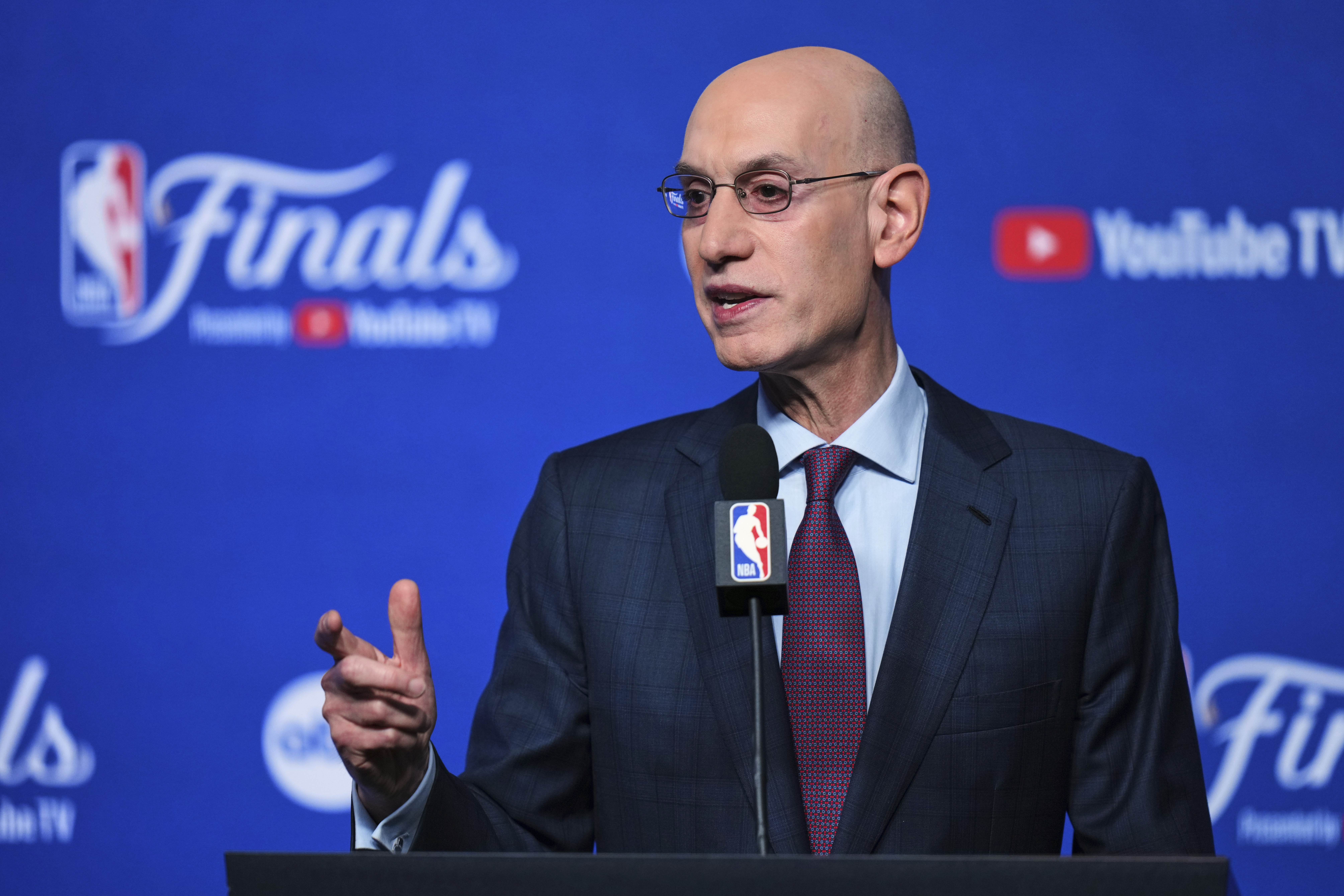 NBA commissioner Adam Silver speaks during a press conference before Game 1 of the NBA Finals basketball series between the Indiana Pacers and the Oklahoma City Thunder Thursday, June 5, 2025, in Oklahoma City. (AP Photo/Nate Billings)