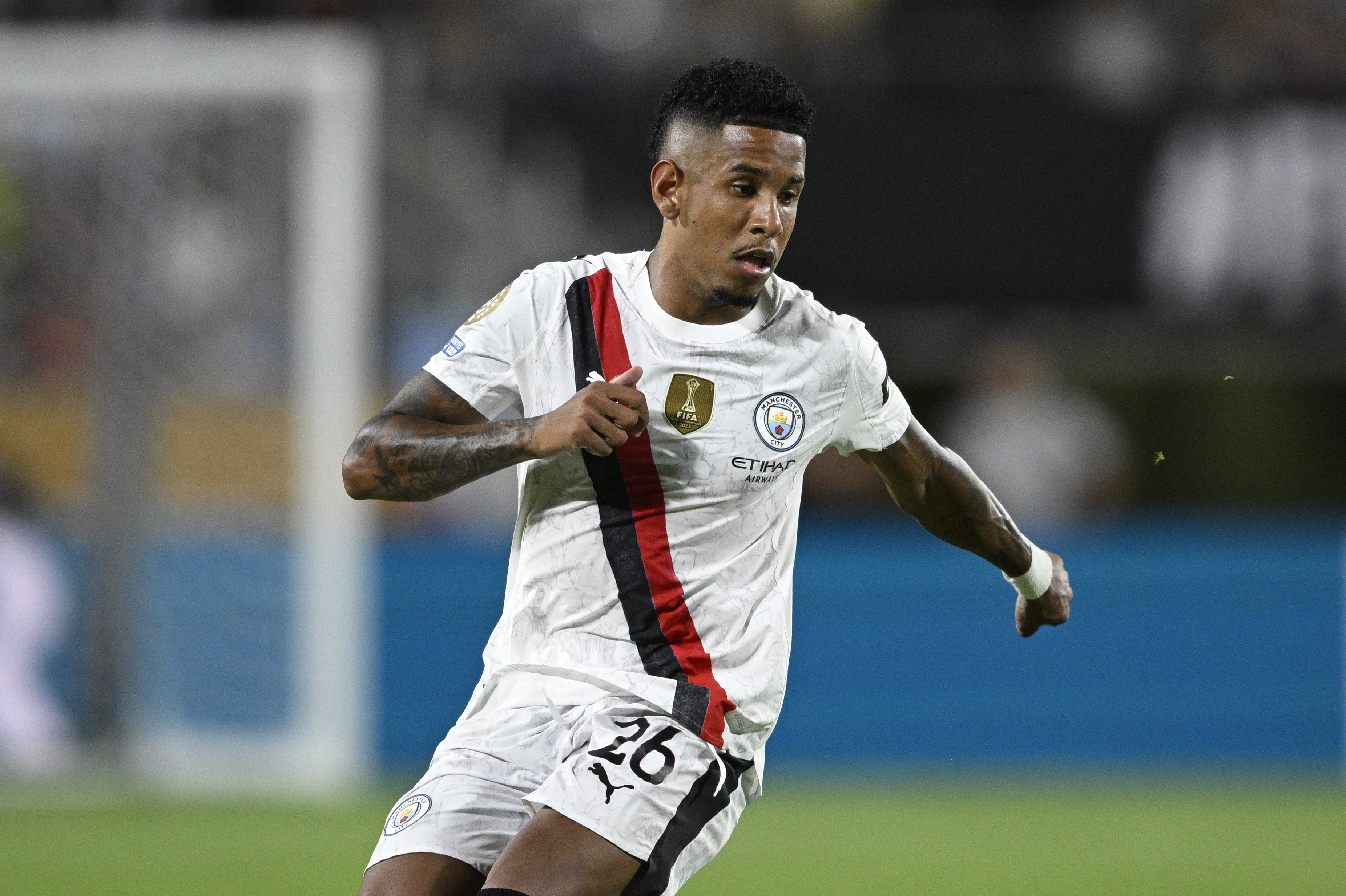 Manchester City's Savinho (26) controls the ball during the Club World Cup round of 16 soccer match between Manchester City and Al Hilal, Tuesday, July 1, 2025 in Orlando, Fla. (AP Photo/Phelan M. Ebenhack)