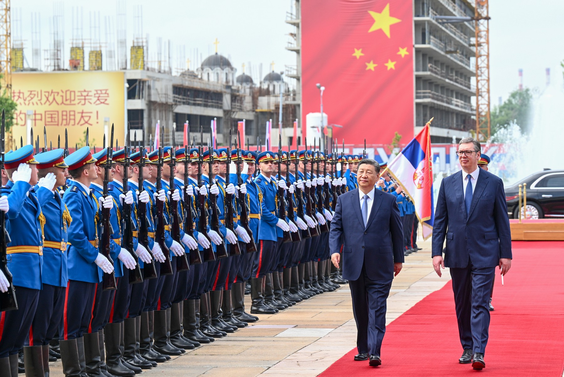 BELGRADE, May 8, 2024 -- Chinese President Xi Jinping attends a welcome ceremony held by Serbian President Aleksandar Vucic