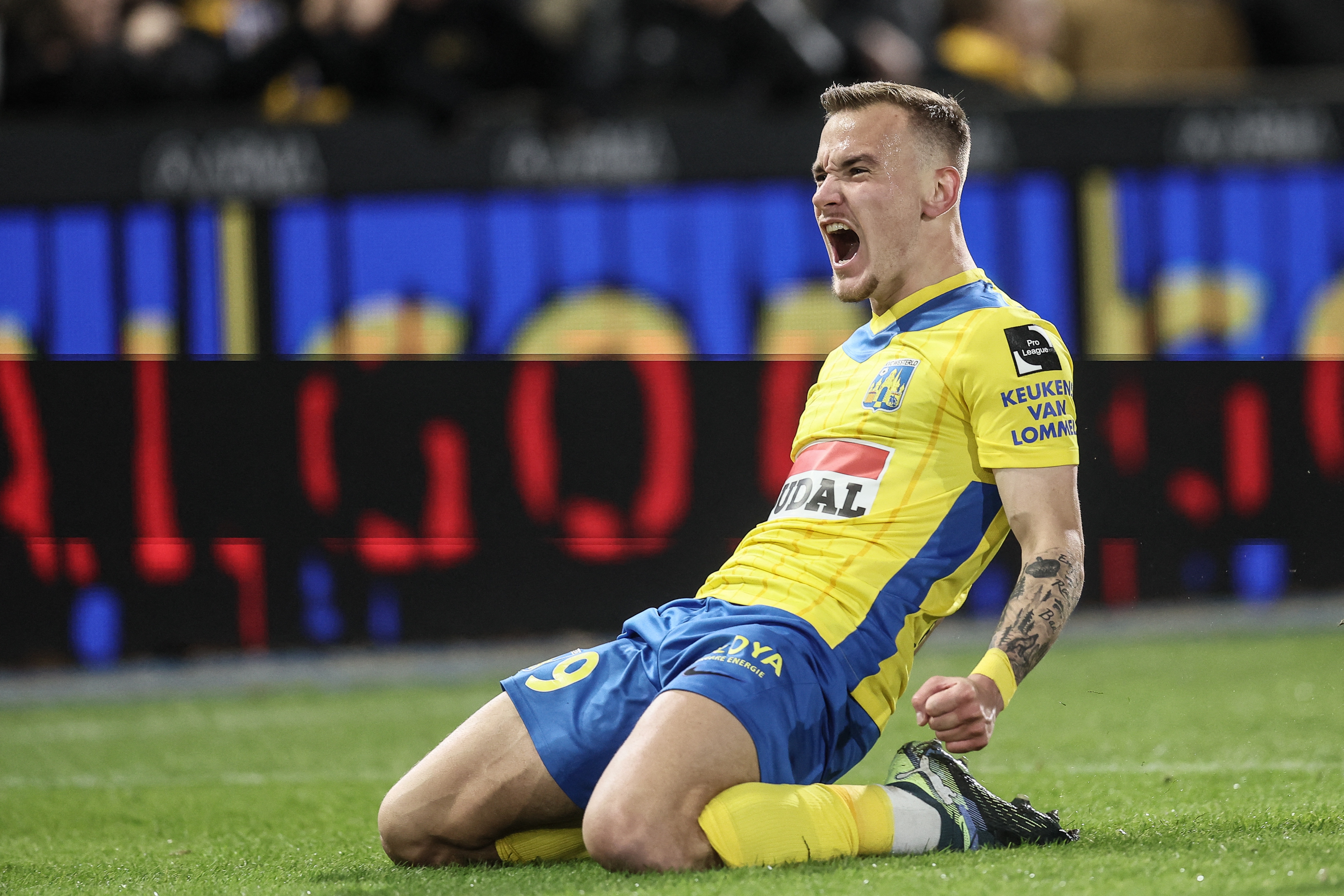 Westerlo's Croatian forward #9 Matija Frigan celebrates after scoring a goal during the Belgian ProLeague football match between KVC Westerlo and KAA Gent in Westerlo on December 1, 2024. (Photo by BRUNO FAHY / Belga / AFP) / Belgium OUT