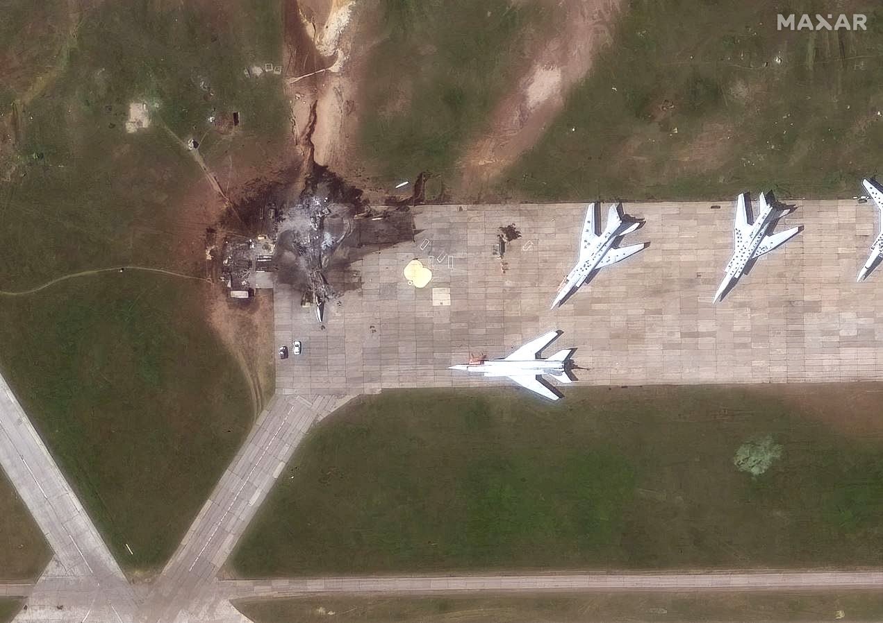 Satellite image released by MAXAR on June 4, 2025 shows Russian nuclear bombers destroyed at the Belaya air base, a significant Russian Aerospace Forces Long-Range Aviation base in Usolsky District, Irkutsk Oblast