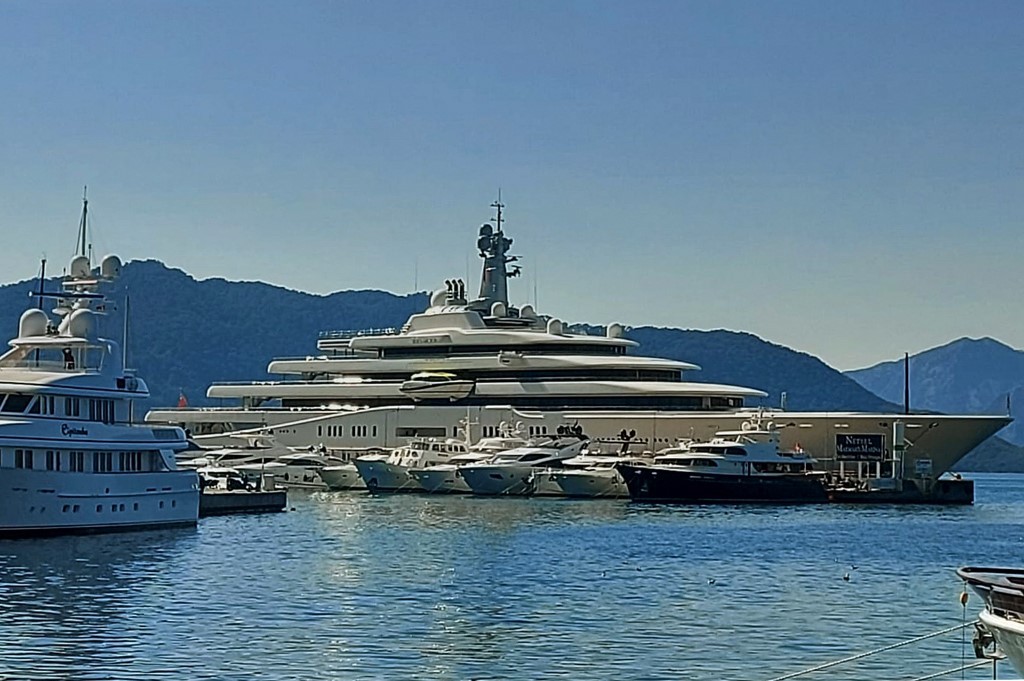 Luxury yacht "Eclipse", belonging to Russian oligarch Roman Abramovich, is docked at the Aegean coastal