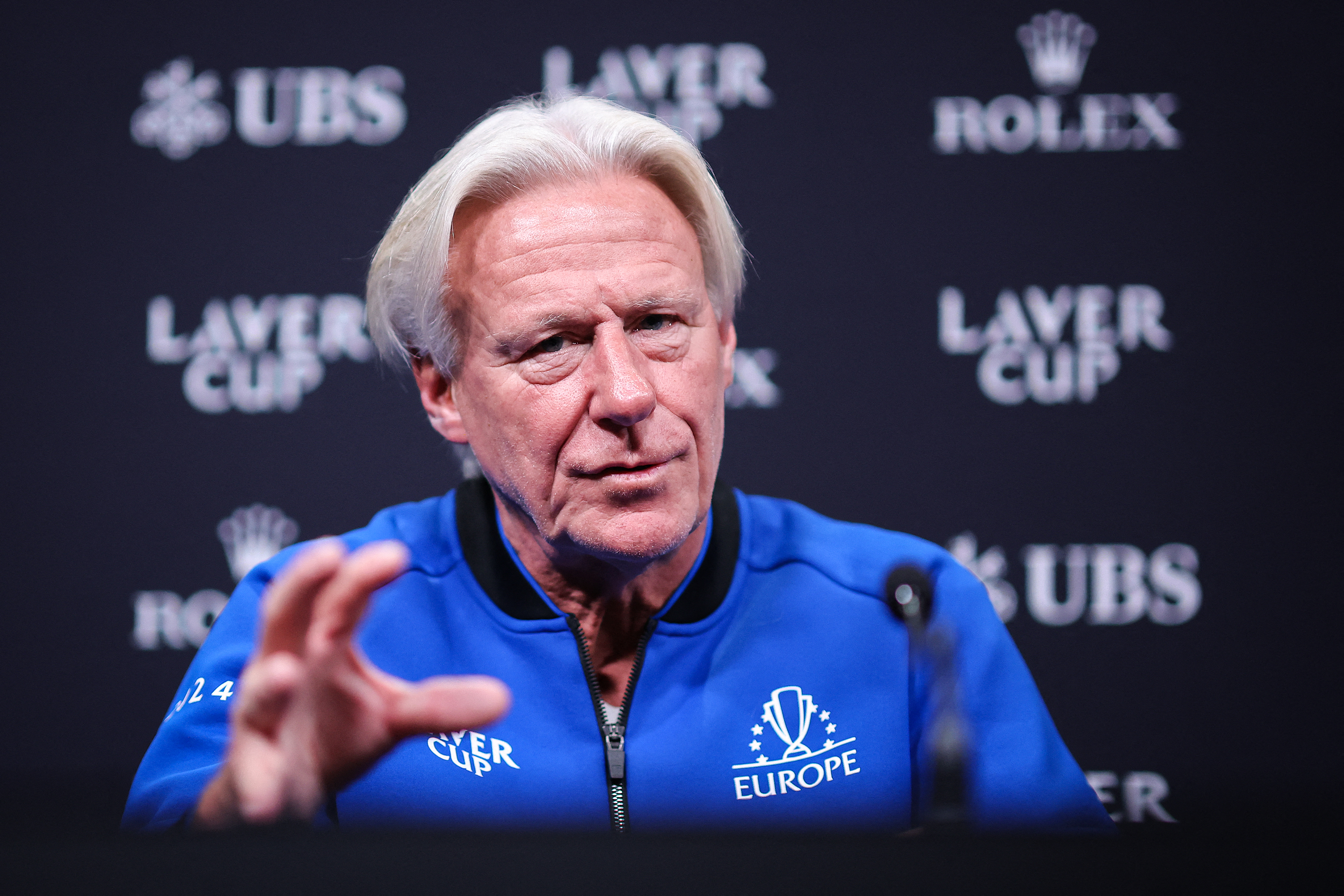 Head coach of Team Europe, former Swedish tennis player Bjorn Borg, holds a press conference during the Tennis Laver Cup in Berlin, Germany on September 20, 2024. (Photo by Ronny HARTMANN / AFP)