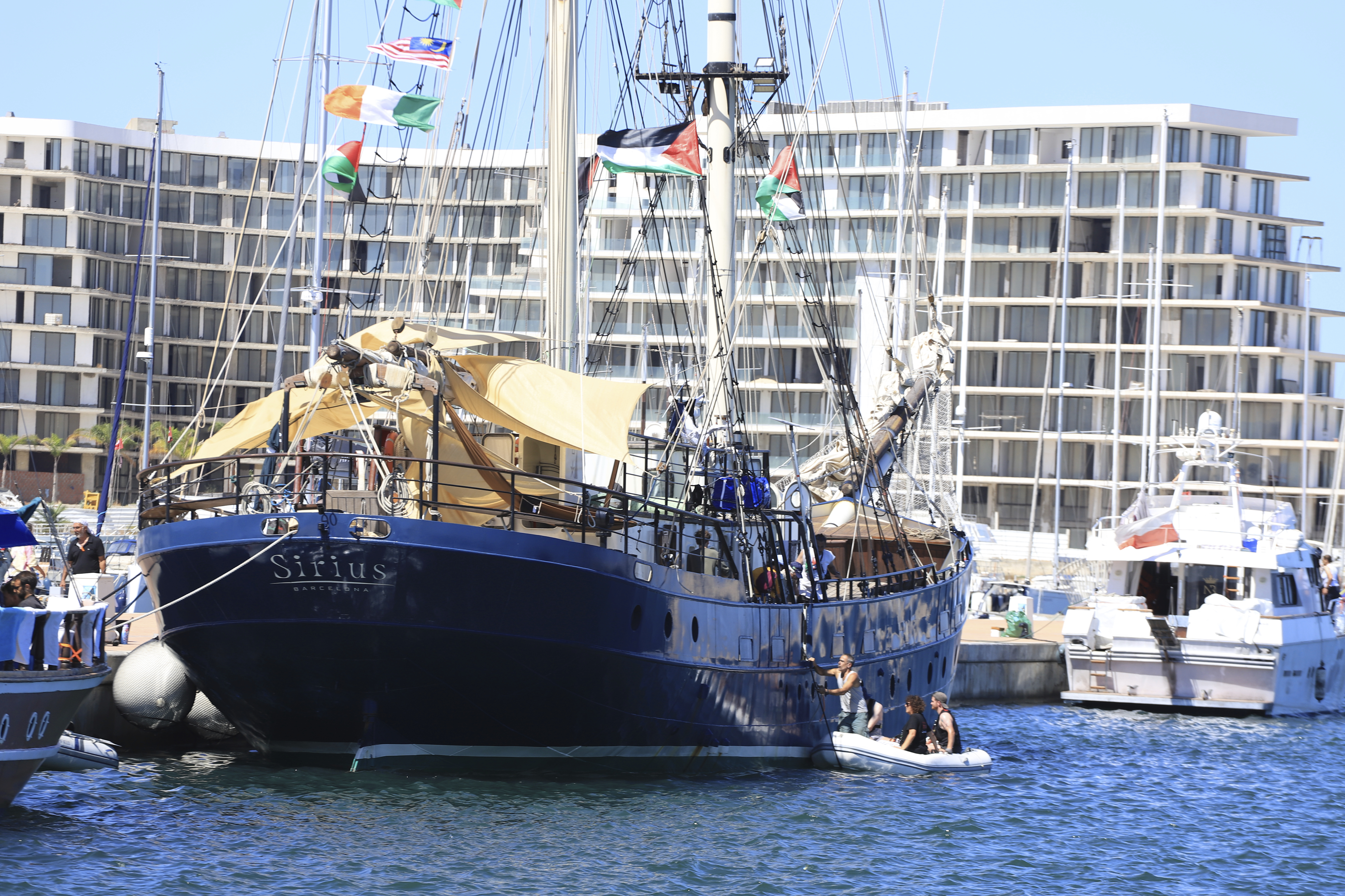 A ship that is part of the Global Sumud Flotilla prepares to depart to Gaza to deliver aid amidst Israel's blockade on the Palestinian territory, in the Tunisian port of Bizerte, Saturday, Sept. 13, 2025. (AP Photo/Anis Mili)