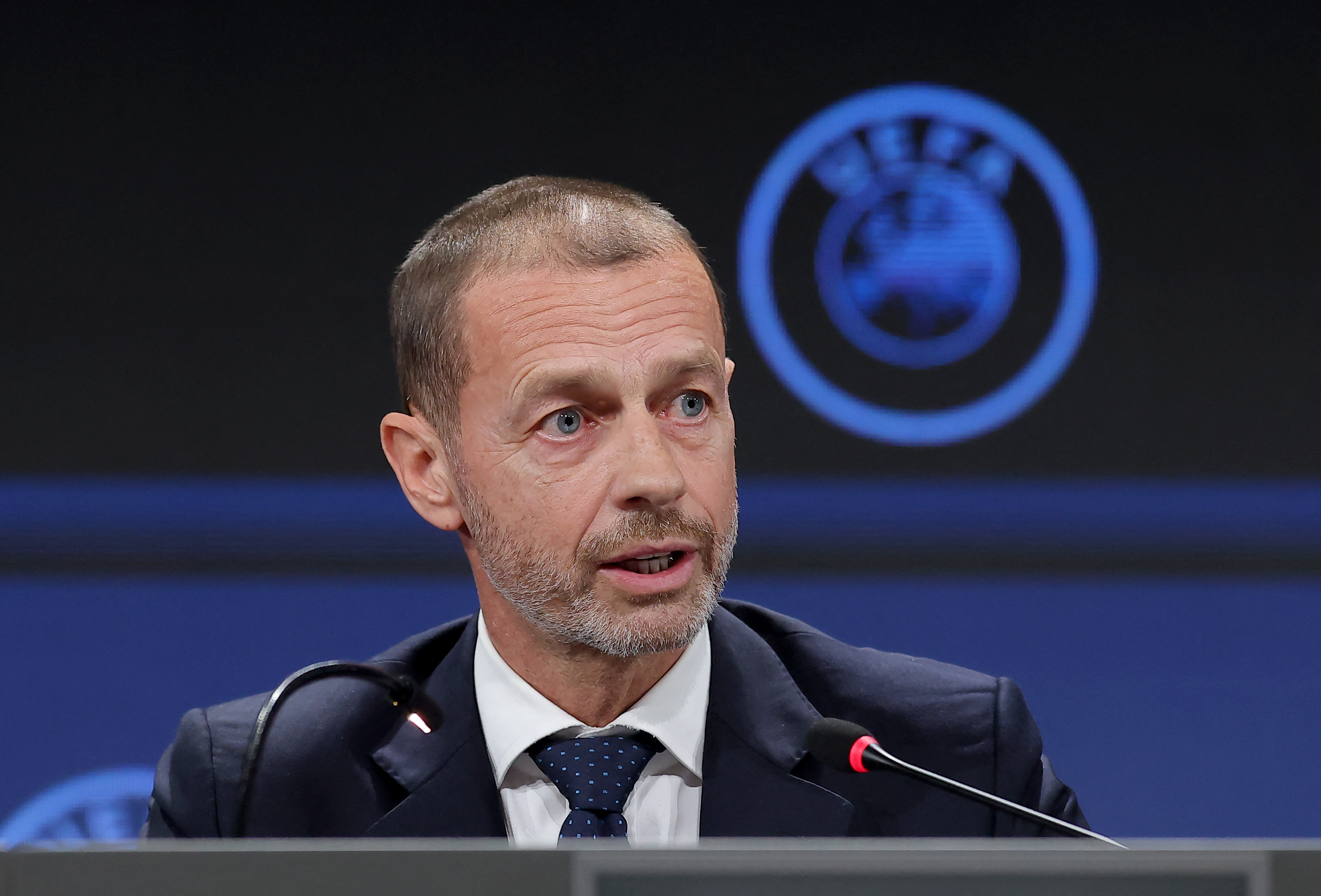 UEFA president Aleksander Ceferin speaks during a press conference after the 49th UEFA Ordinary Congress held at the Sava Centar congress centre in Belgrade on April 3, 2025. (Photo by PREDRAG MILOSAVLJEVIC / AFP)