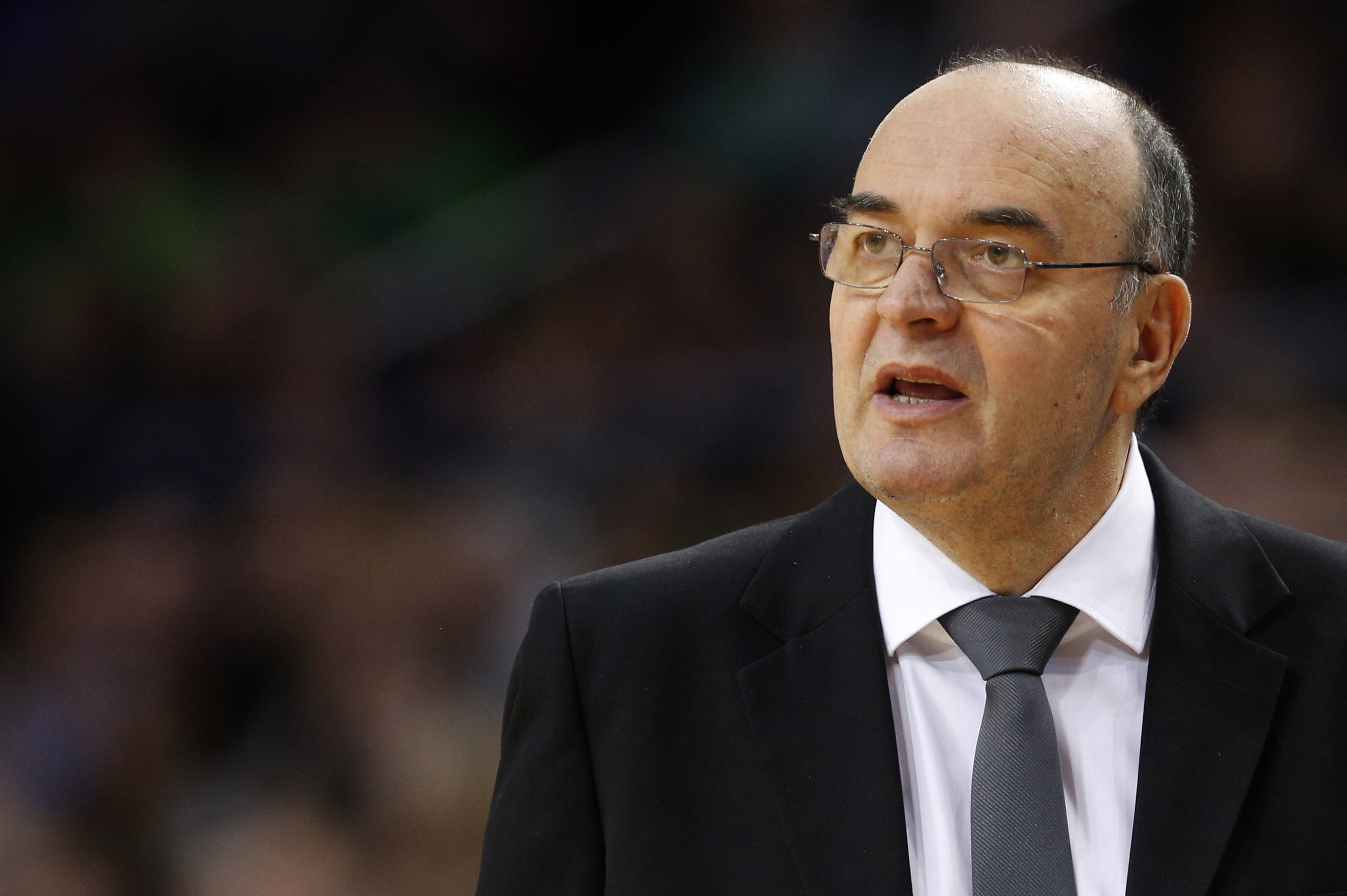 Serbia's BC Partizan coach Dusko Vujosevic reacts during their Euroleague Top 16 basketball match against Lithuania's BC Zalgiris in Kaunas, Lithuania, Thursday, Feb. 13, 2014. (AP Photo/Mindaugas Kulbis)