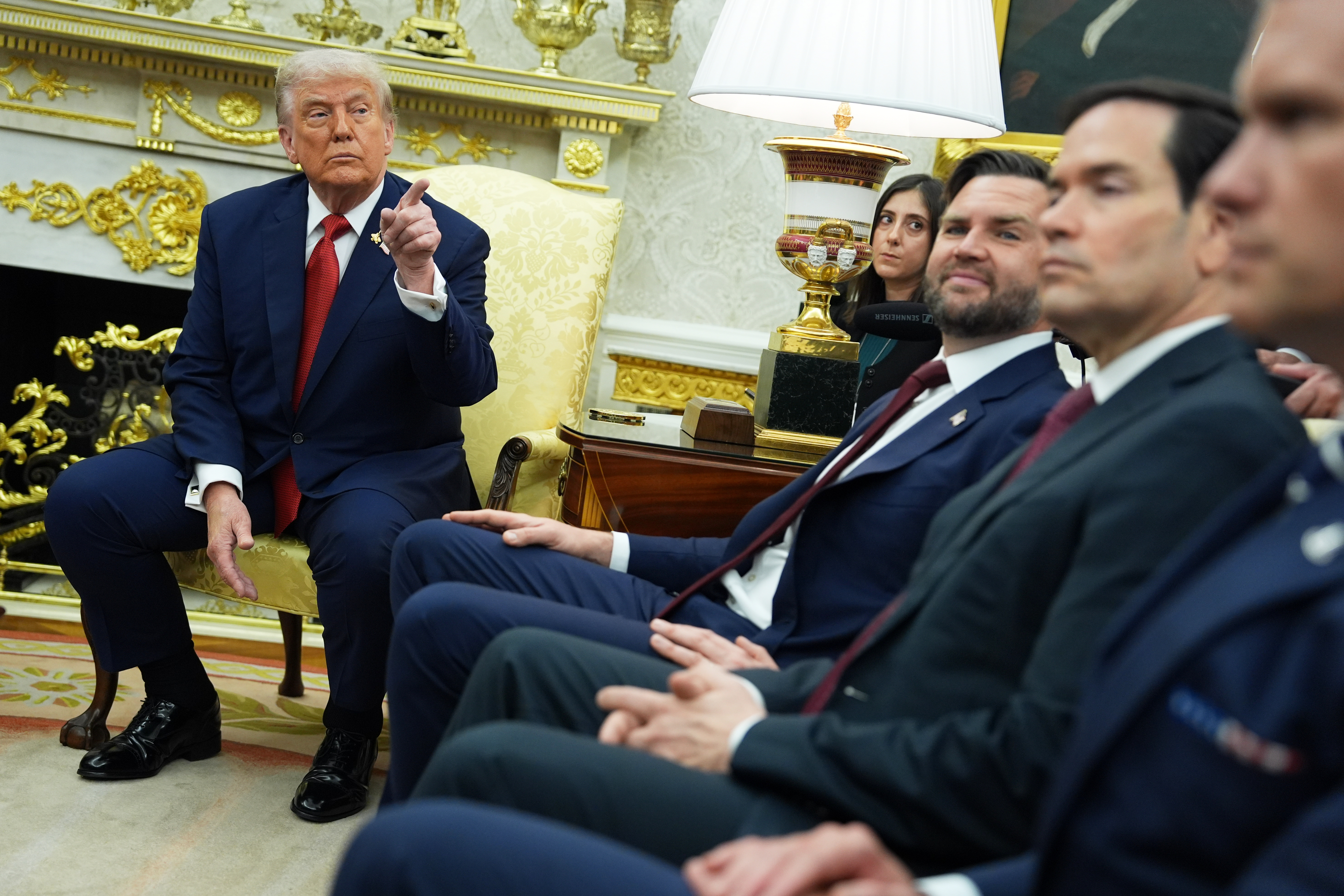 President Donald Trump, from left, gestures as Vice President JD Vance, Secretary of State Marco Rubio and Defense Secretary Pete Hegseth listen during a meeting with Turkish President Recep Tayyip Erdogan in the Oval Office of the White House,