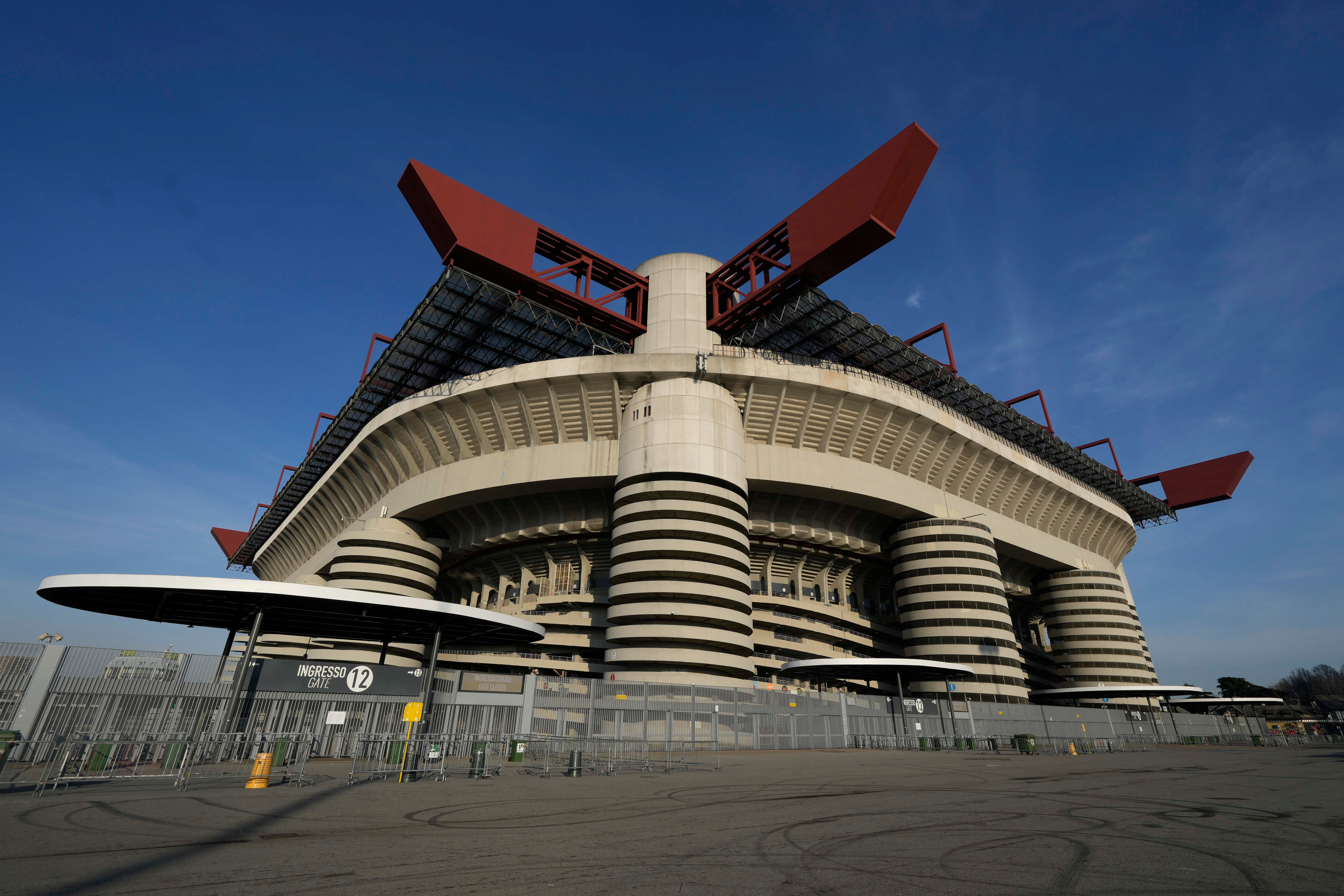 FILE -An external view of the San Siro Stadium site of the Opening ceremony at the Milan Cortina 2026 Winter Olympics, in Milan, Jan. 29, 2025. (AP Photo/Luca Bruno), File)