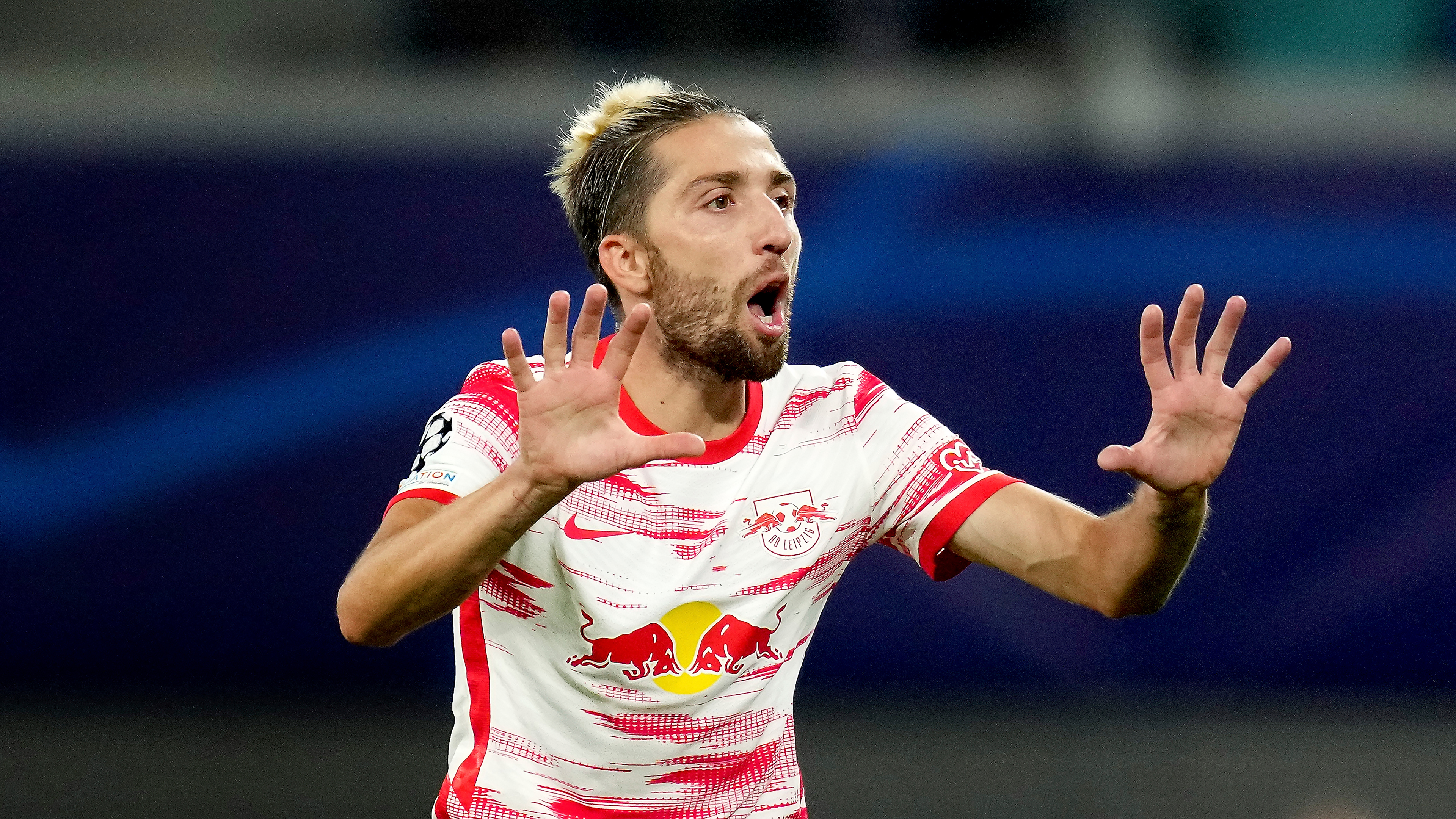 Leipzig's Kevin Kampl during the Champions League group A soccer match between RB Leipzig and Club Brugge in Leipzig, Germany, Tuesday, Sept. 28, 2021. (AP Photo/Michael Sohn)