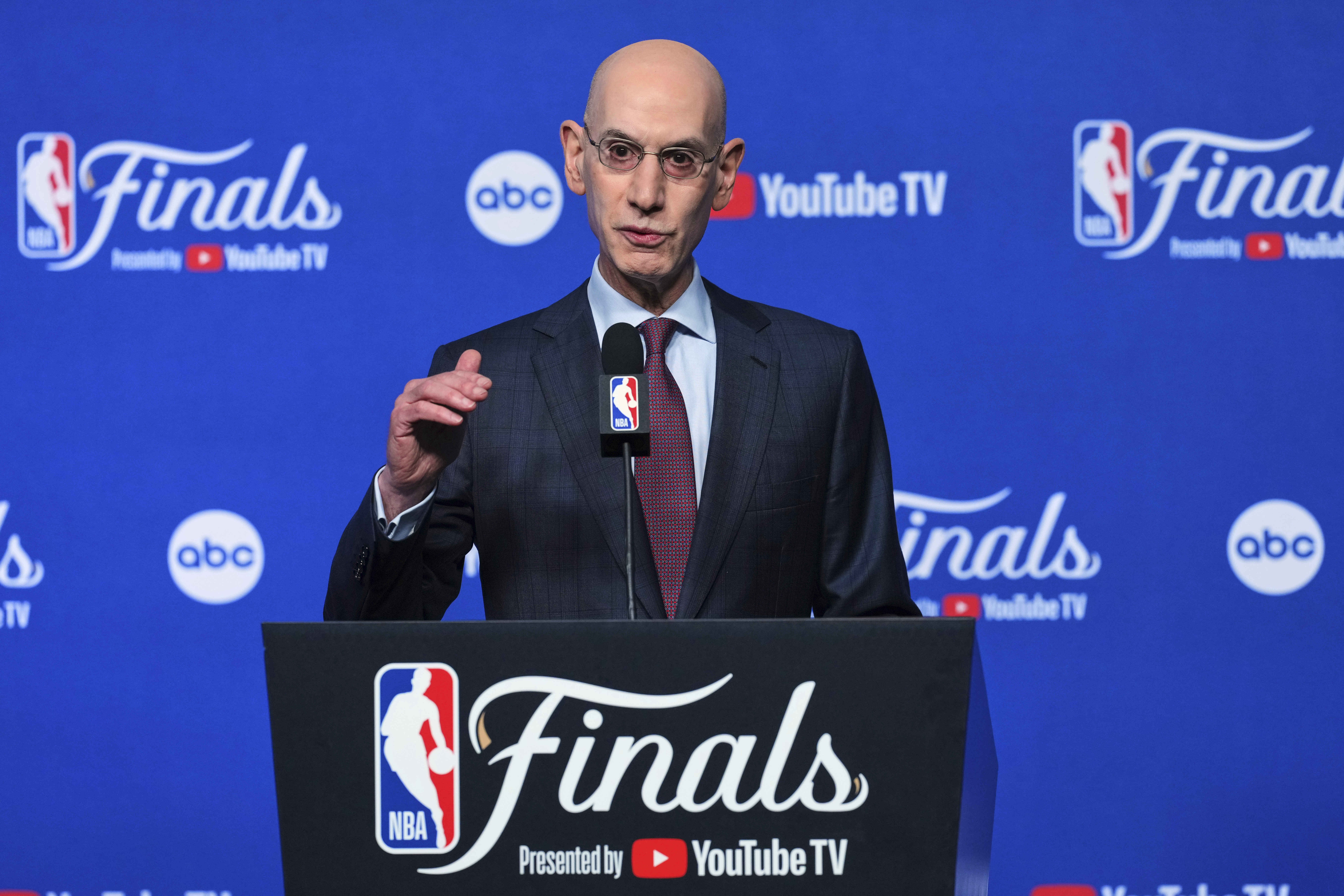 FILE - NBA commissioner Adam Silver speaks during a press conference, June 5, 2025, in Oklahoma City. (AP Photo/Nate Billings, file)