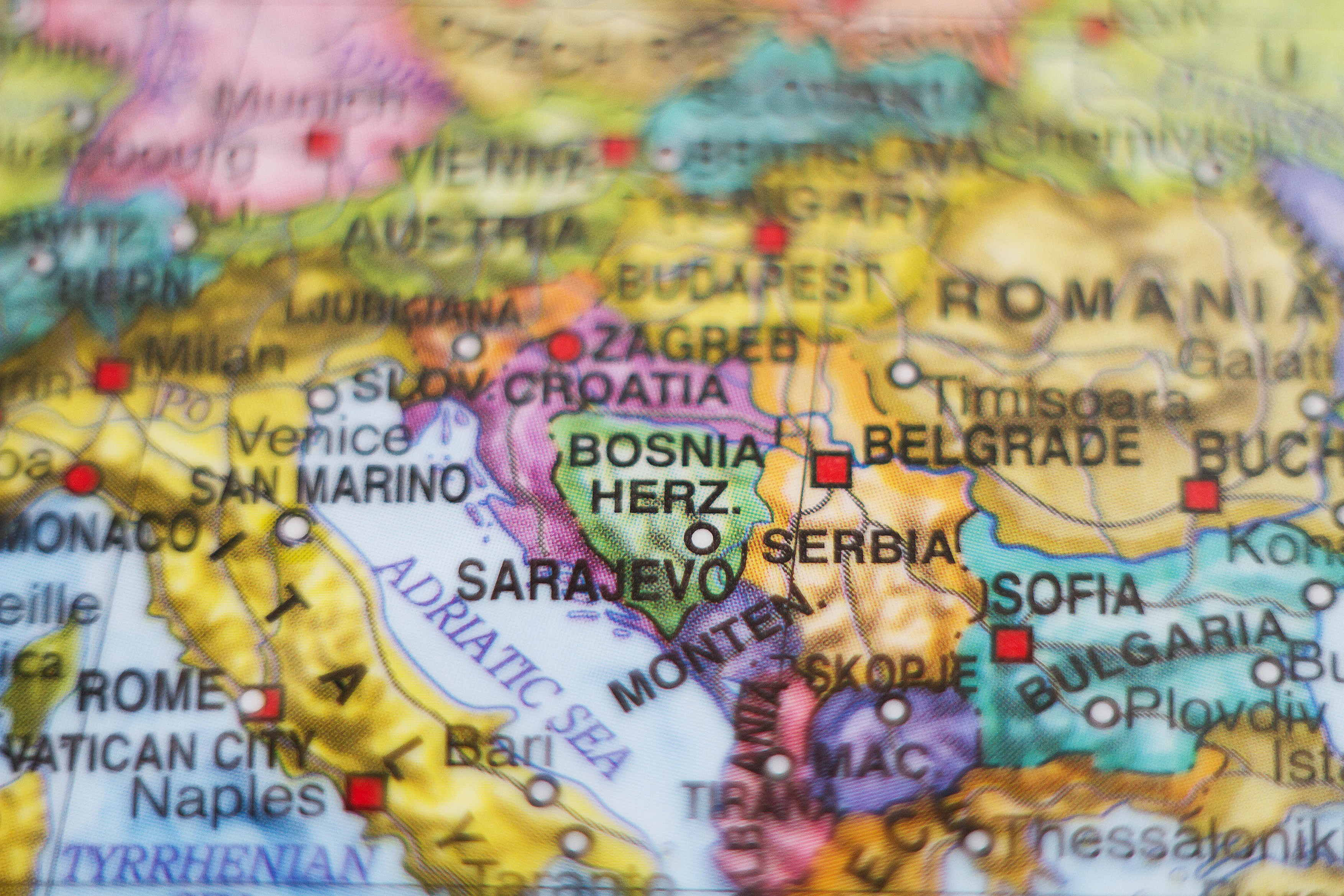 Photo of a map of Bosnia and Herzegovina and the capital Sarajevo