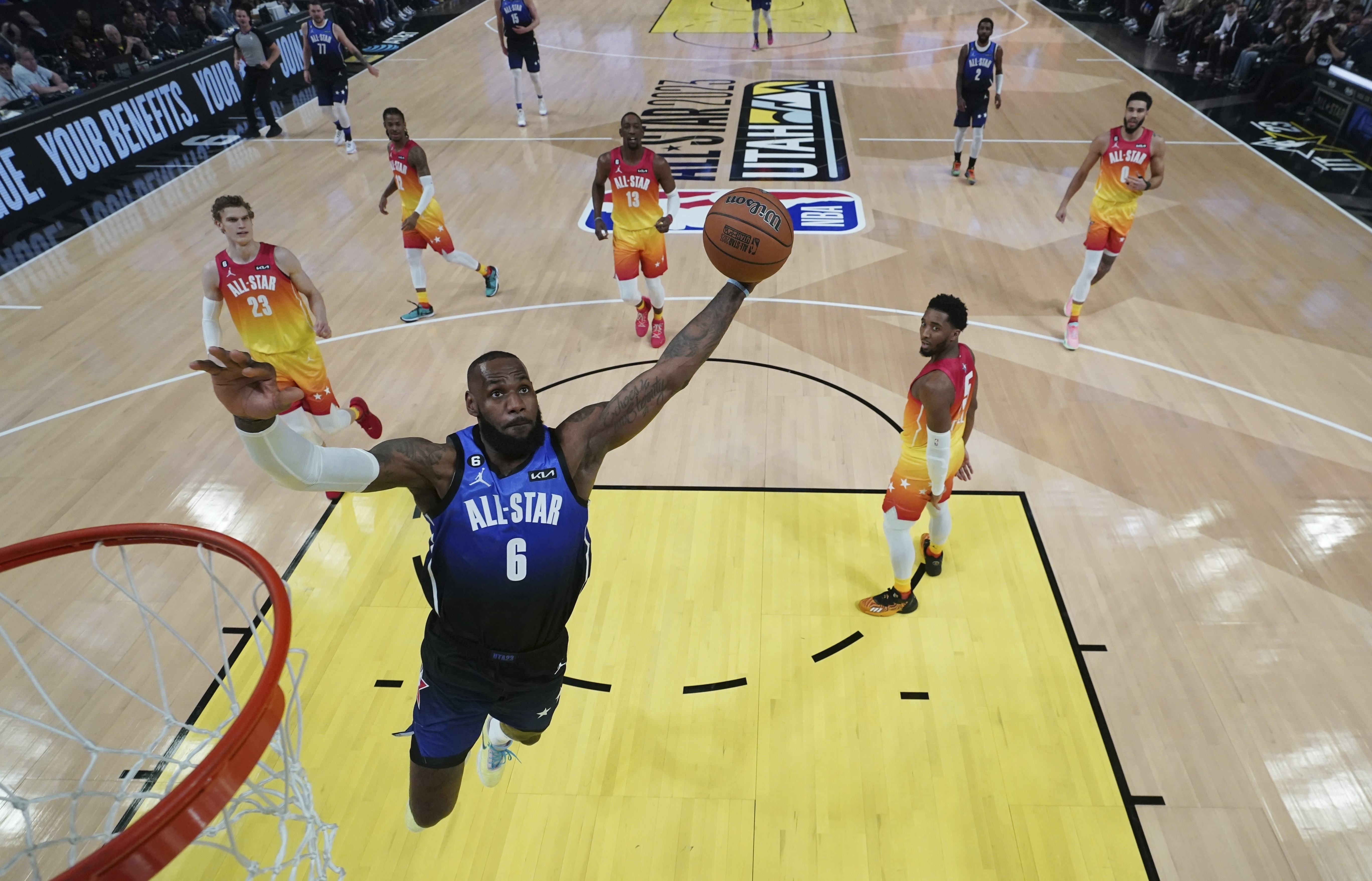 FILE -  Team LeBron forward LeBron James (6) dunks during the first half of the NBA basketball All-Star game Sunday, Feb. 19, 2023, in Salt Lake City. (AP Photo/Kyle Terada/Pool Photo via AP, File)