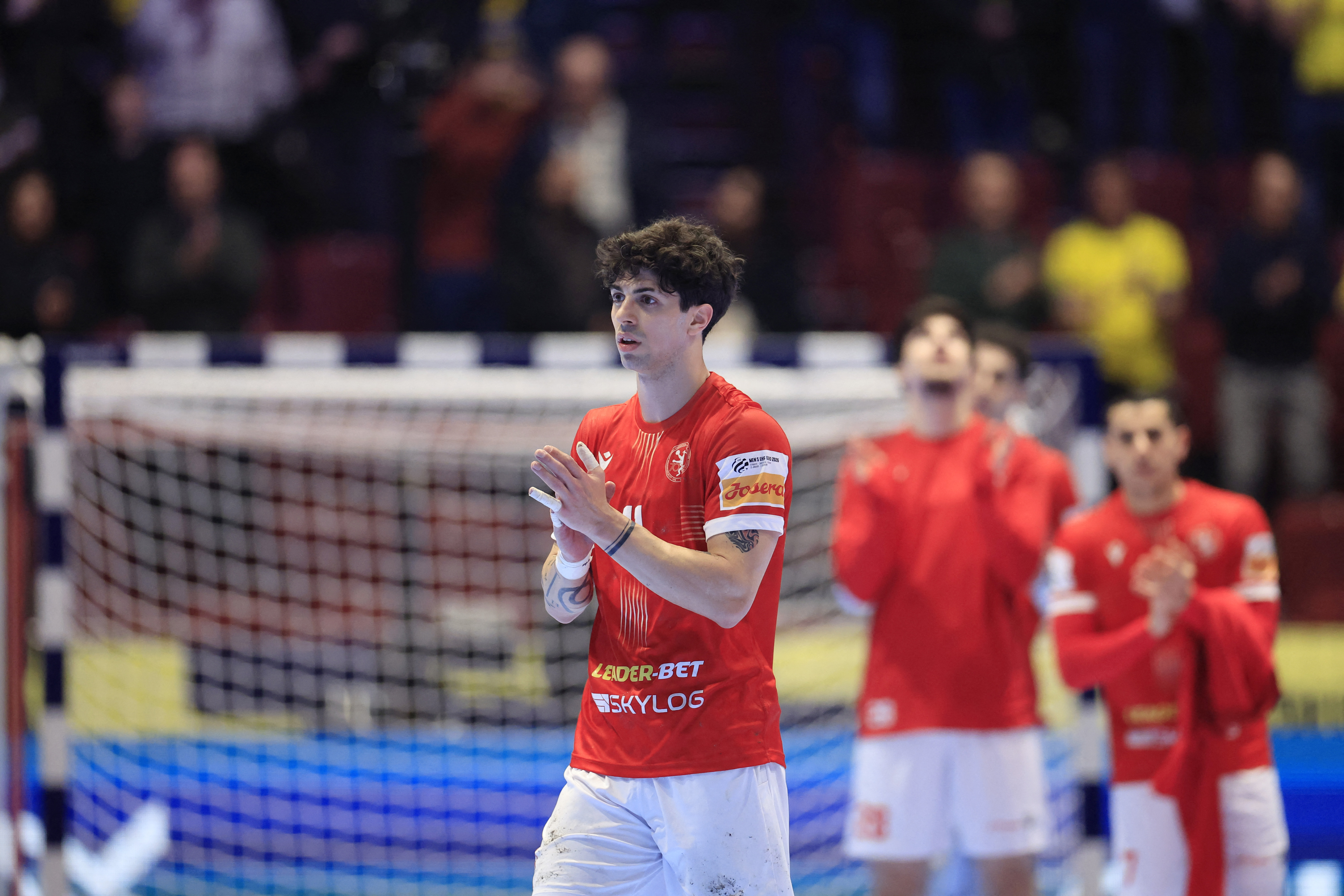 Georgia's right back #11 Giorgi Tkhovrebadze reacts during the men's EHF Euro 2026 preliminary round group E handball match Georgia v Sweden in Malmoe, Sweden, on January 19, 2026. (Photo by Andreas Hillergren/TT / TT NEWS AGENCY / AFP) / Sweden OUT