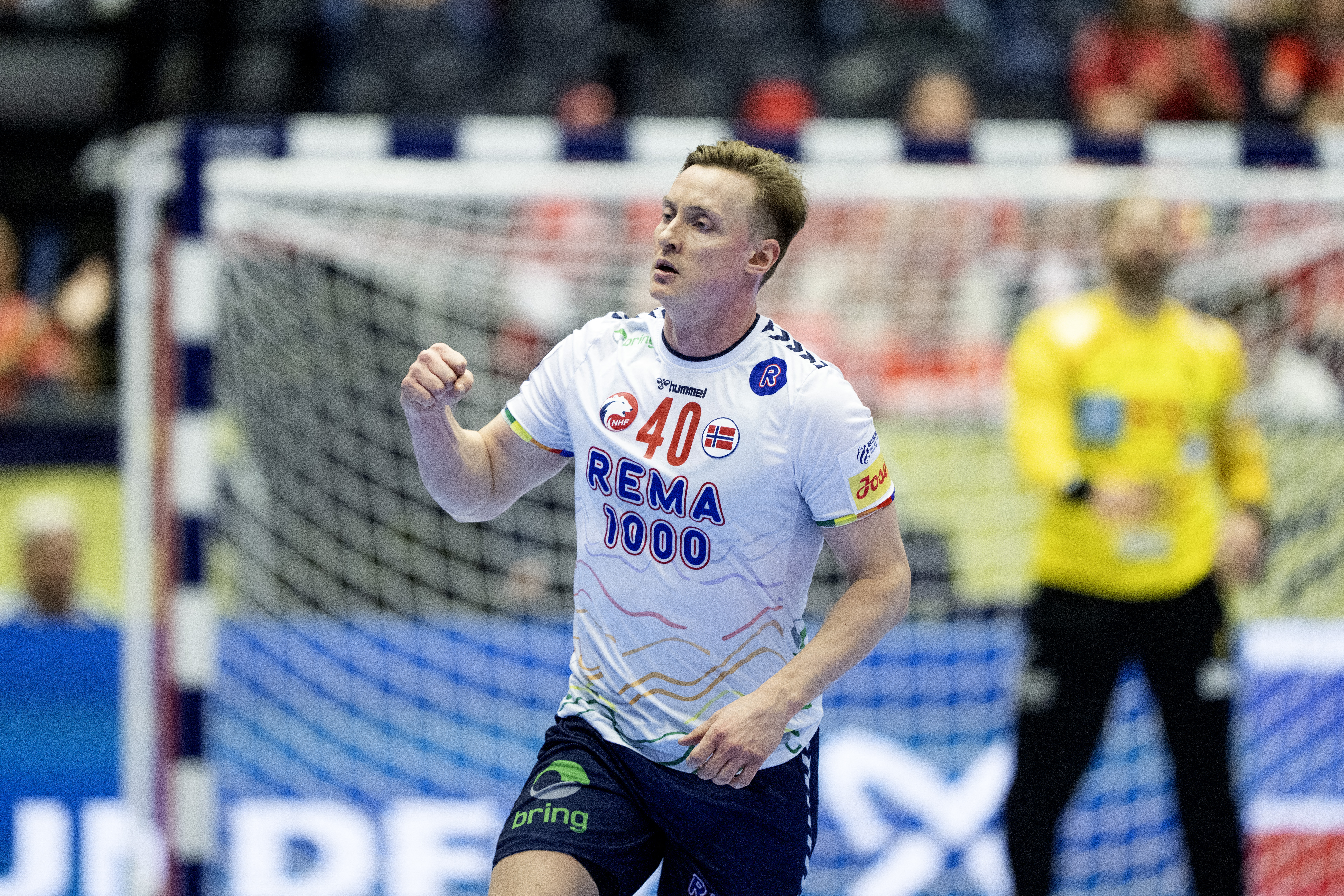 Norway's wing #40 August Pedersen celebrates during the men's EHF Euro 2026 main round handball match Spain vs Norway in Herning, Denmark, on January 22, 2026. (Photo by Bo Amstrup / Ritzau Scanpix / AFP) / Denmark OUT