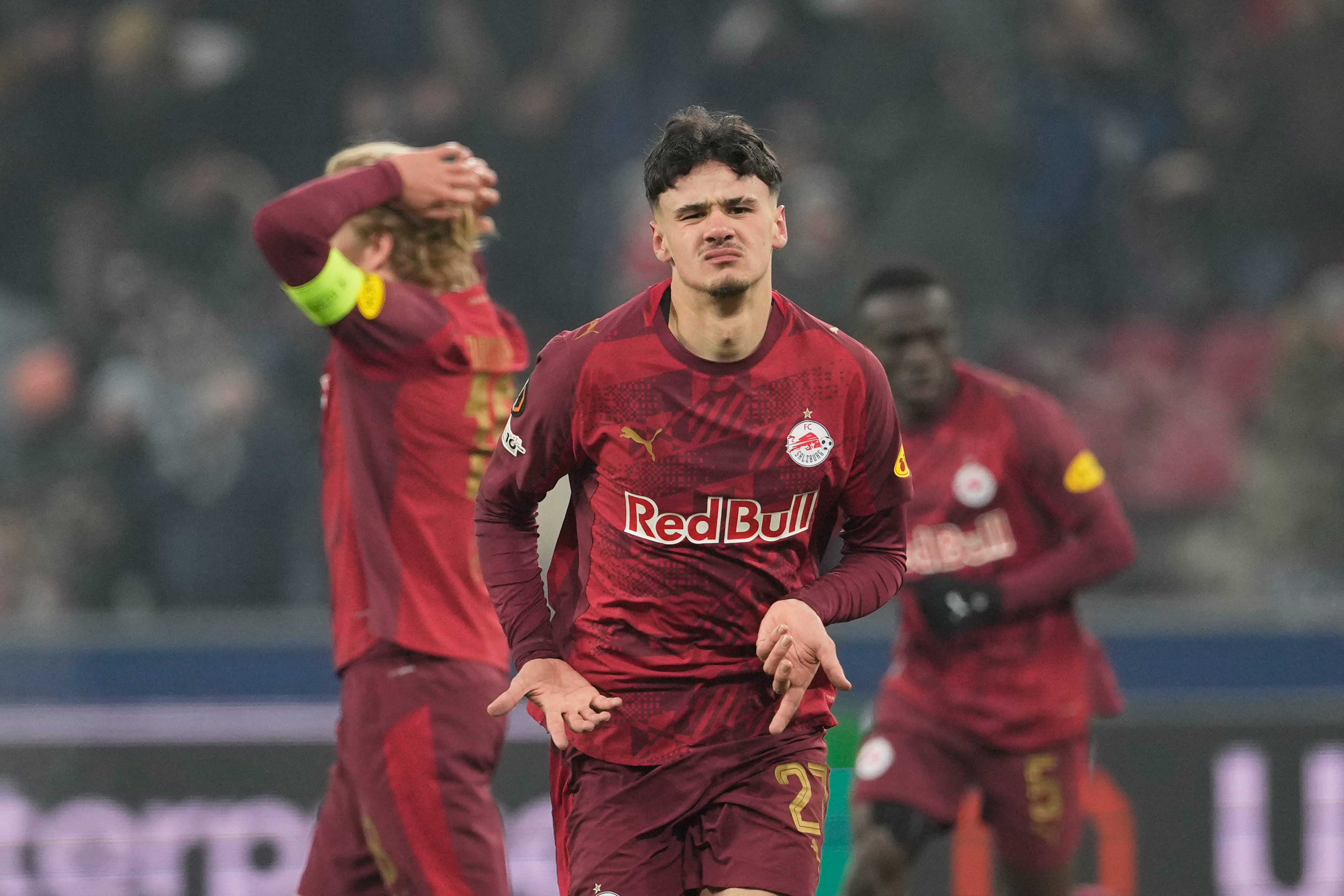 Salzburg's Kerim Alajbegovic celebrates after scoring his side's second goal during the Europa League opening phase soccer match between FC Salzburg and Basel in Salzburg, Austria, Thursday, Jan. 22, 2026. (AP Photo/Matthias Schrader)