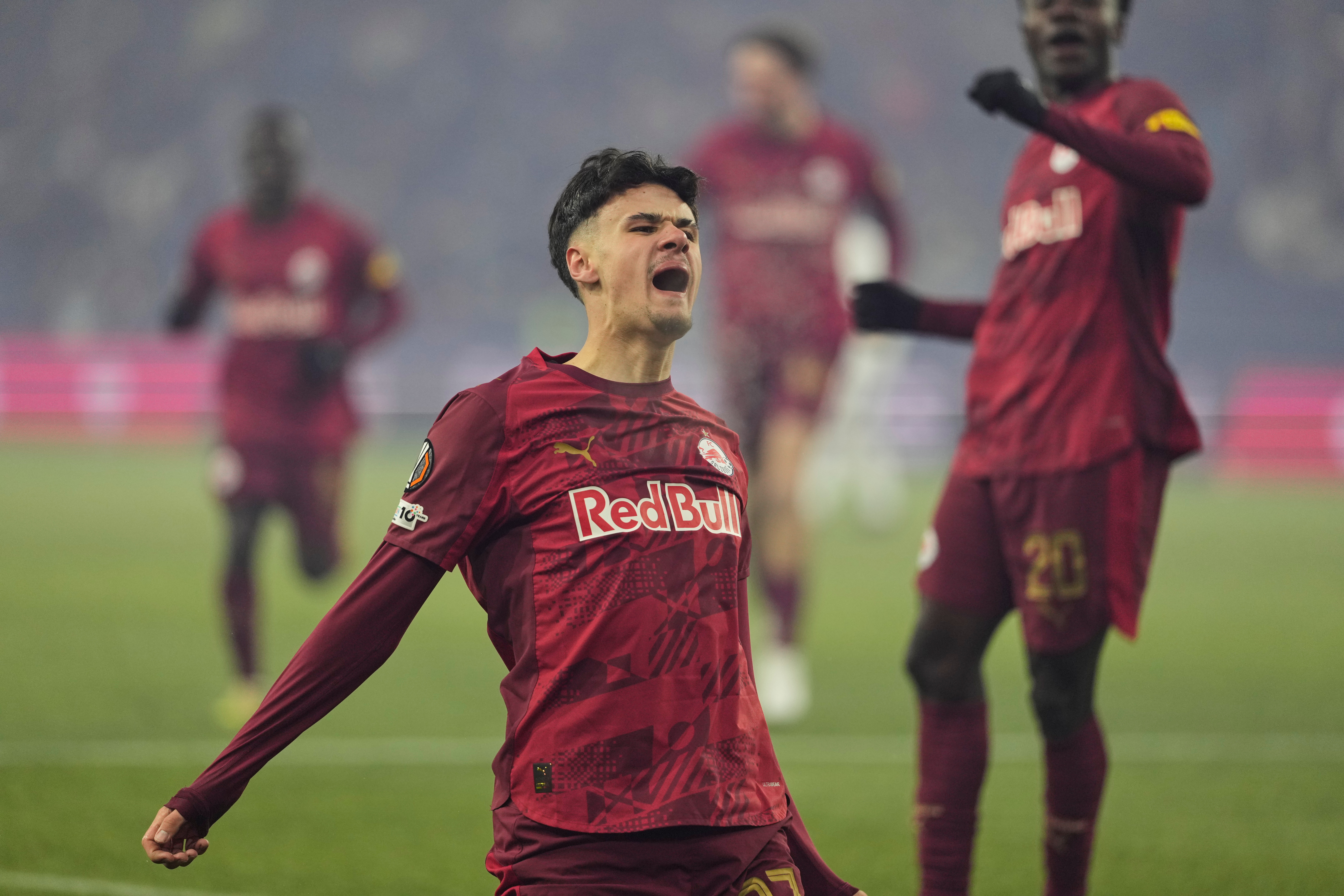 Salzburg's Kerim Alajbegovic celebrates after scoring his side's opening goal during the Europa League opening phase soccer match between FC Salzburg and Basel in Salzburg, Austria, Thursday, Jan. 22, 2026. (AP Photo/Matthias Schrader)