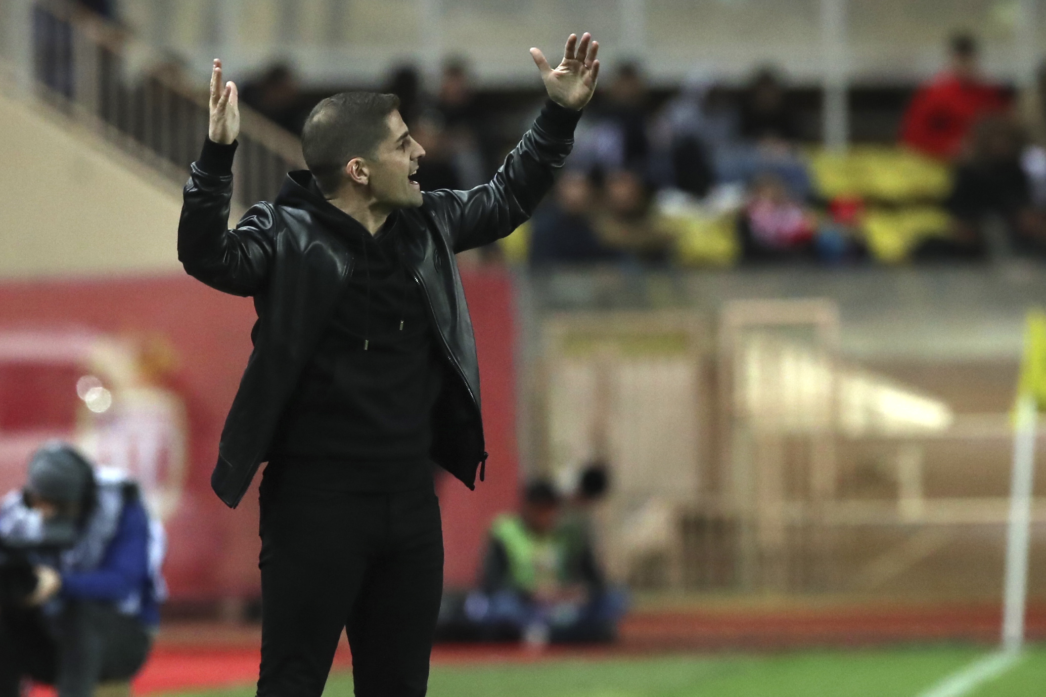 Monaco's head coach Robert Moreno reacts during the French League One soccer match between Monaco and Paris Saint-Germain at the Louis II stadium in Monaco, Wednesday, Jan. 15, 2019. (AP Photo/Daniel Cole)