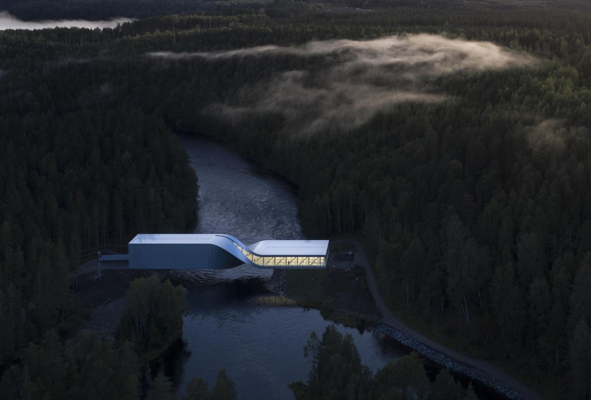 Twisting bridge structure over a river in a forested landscape at dusk, relevant to "most-norveska-twist-6" and dated 2026-10-15.