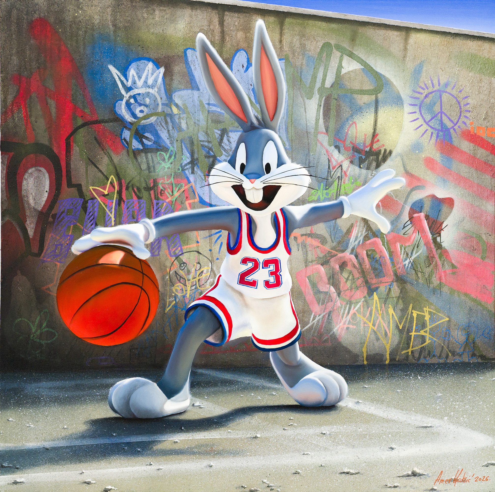 Amer Hadžić, Street Player III, 2026. Oil and acrylic on canvas, 90 × 90 cm.