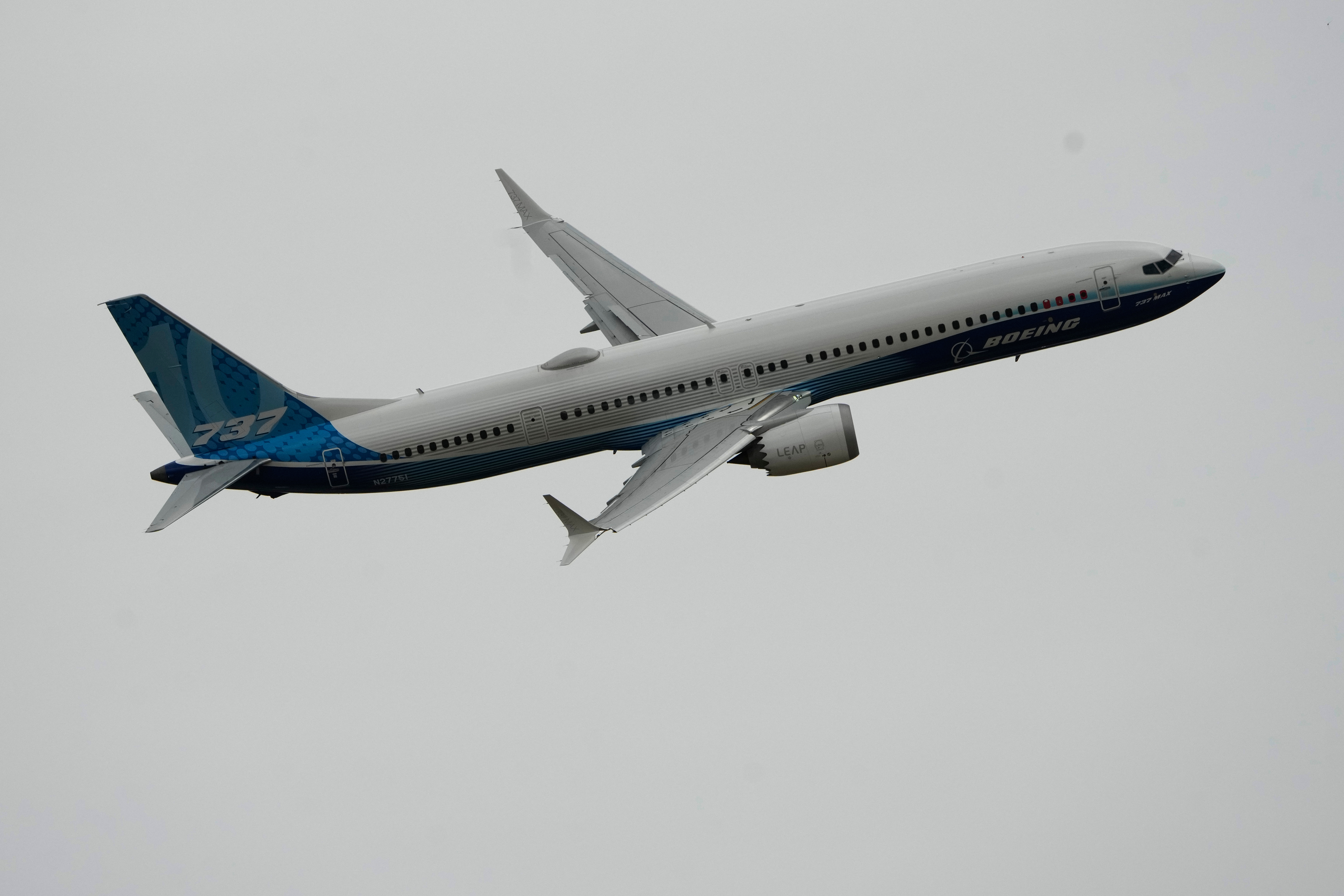 FILE - The Boeing 737 MAX 10 performs a demonstration flight during the Paris Air Show in Le Bourget, north of Paris, France, June 19, 2023. (AP Photo/Lewis Joly, File)