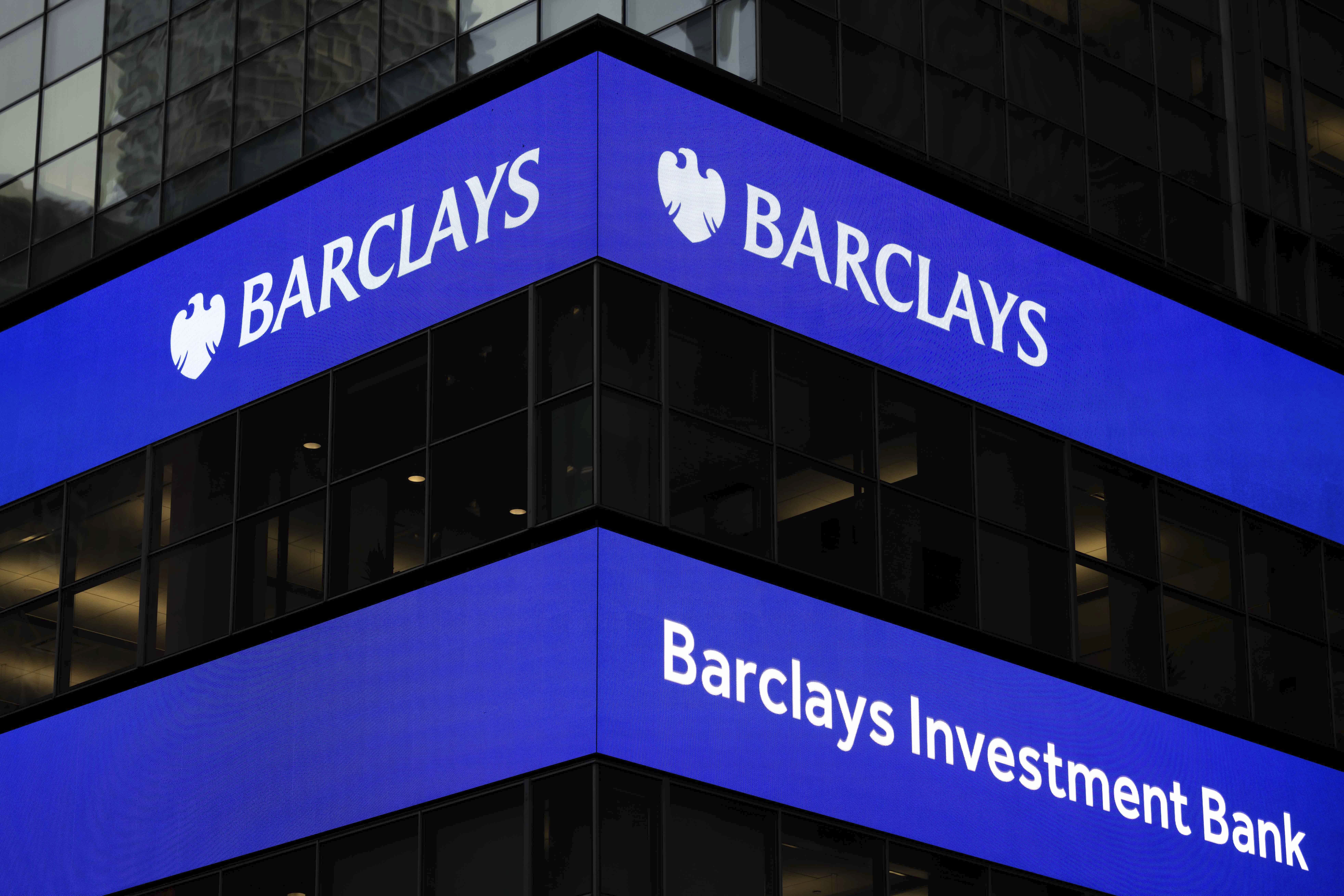 Electronic board displays Barclays logo outside the Barclays Investment Bank, Monday, April 7, 2025, in New York. (AP Photo/Yuki Iwamura)