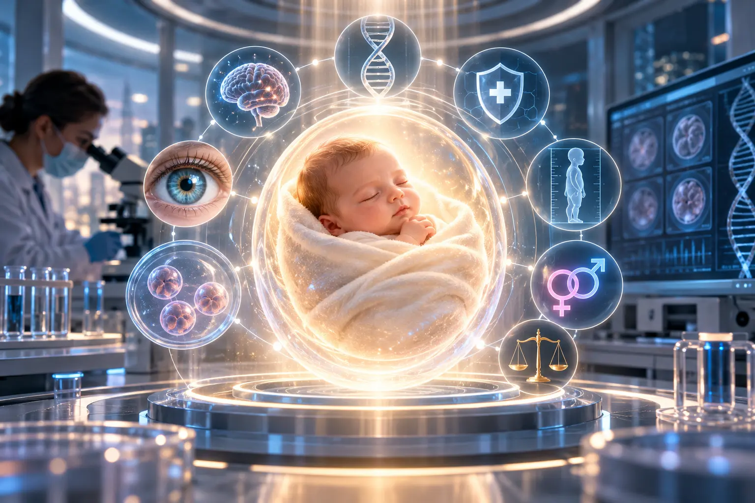 Beba je smještena u futuristički laboratorij s holografskim projekcijama genetskih simbola, što simbolizira napredne tehnologije genetskog odabira, datirano 27. listopada 2026.