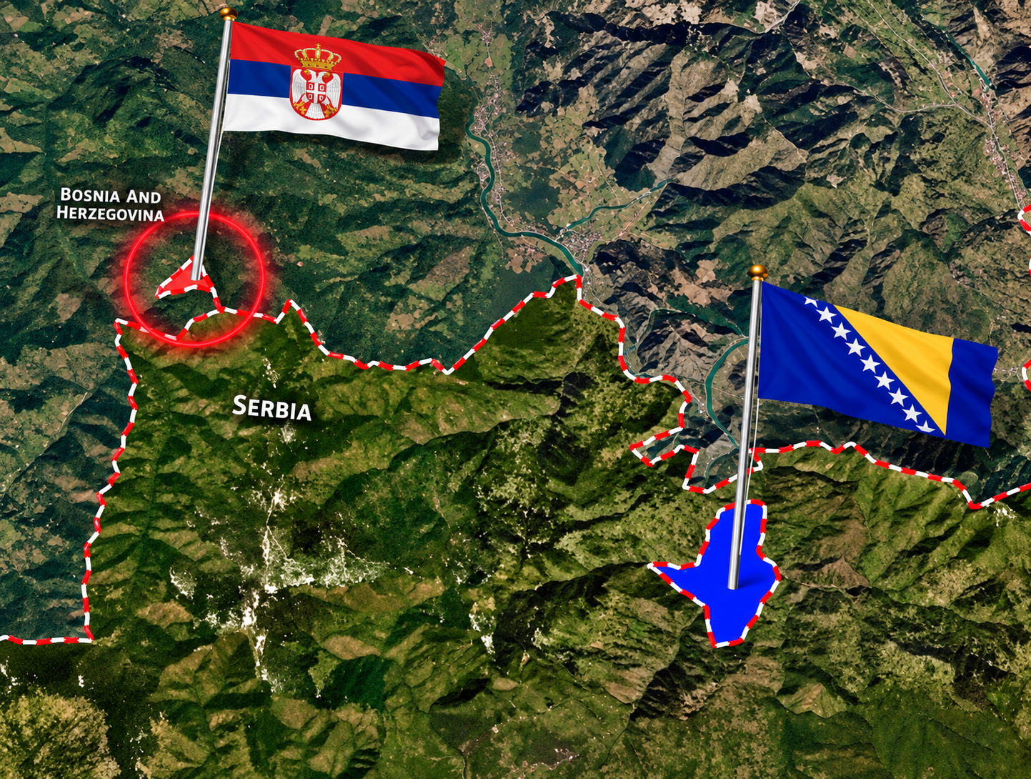 Map showing the border area between Serbia and Bosnia and Herzegovina, with flags indicating each country.